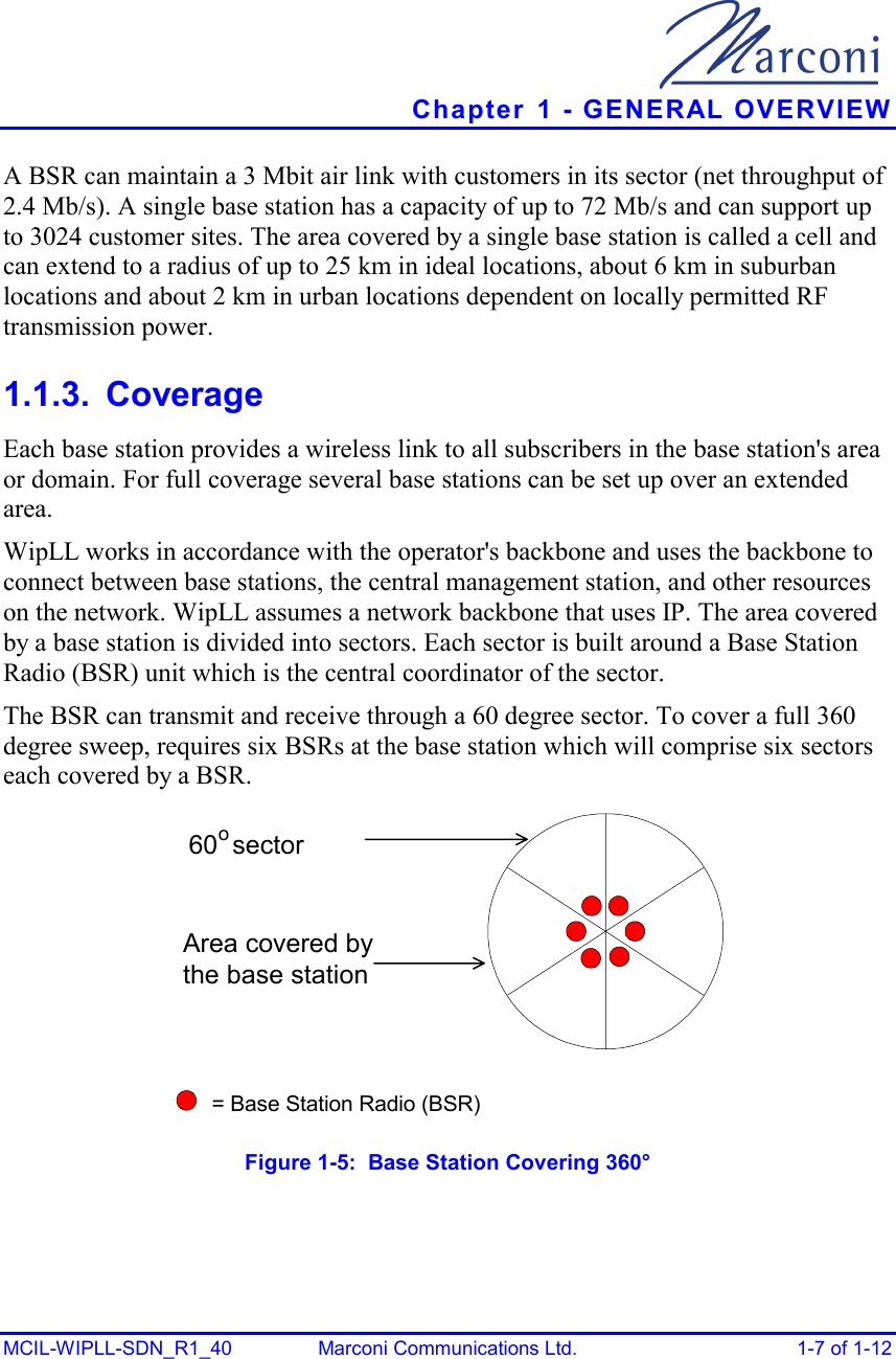   Chapter  1 - GENERAL OVERVIEW MCIL-WIPLL-SDN_R1_40  Marconi Communications Ltd.  1-7 of 1-12 A BSR can maintain a 3 Mbit air link with customers in its sector (net throughput of 2.4 Mb/s). A single base station has a capacity of up to 72 Mb/s and can support up to 3024 customer sites. The area covered by a single base station is called a cell and can extend to a radius of up to 25 km in ideal locations, about 6 km in suburban locations and about 2 km in urban locations dependent on locally permitted RF transmission power. 1.1.3. Coverage Each base station provides a wireless link to all subscribers in the base station&apos;s area or domain. For full coverage several base stations can be set up over an extended area. WipLL works in accordance with the operator&apos;s backbone and uses the backbone to connect between base stations, the central management station, and other resources on the network. WipLL assumes a network backbone that uses IP. The area covered by a base station is divided into sectors. Each sector is built around a Base Station Radio (BSR) unit which is the central coordinator of the sector. The BSR can transmit and receive through a 60 degree sector. To cover a full 360 degree sweep, requires six BSRs at the base station which will comprise six sectors each covered by a BSR. = Base Station Radio (BSR)60  sectoroArea covered bythe base station Figure  1-5:  Base Station Covering 360° 