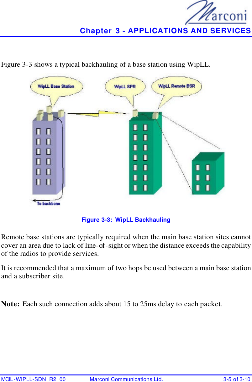   Chapter 3 - APPLICATIONS AND SERVICES MCIL -WIPLL-SDN_R2_00 Marconi Communications Ltd. 3-5 of 3-10  Figure 3-3 shows a typical backhauling of a base station using WipLL.  Figure 3-3:  WipLL Backhauling Remote base stations are typically required when the main base station sites cannot cover an area due to lack of line-of-sight or when the distance exceeds the capability of the radios to provide services. It is recommended that a maximum of two hops be used between a main base station and a subscriber site.   Note: Each such connection adds about 15 to 25ms delay to each packet. 