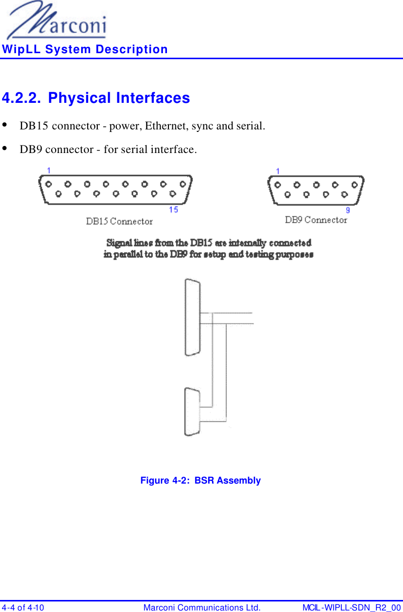    WipLL System Description 4-4 of 4-10 Marconi Communications Ltd. MCIL -WIPLL-SDN_R2_00 4.2.2. Physical Interfaces • DB15 connector - power, Ethernet, sync and serial. • DB9 connector - for serial interface.  Figure 4-2:  BSR Assembly 
