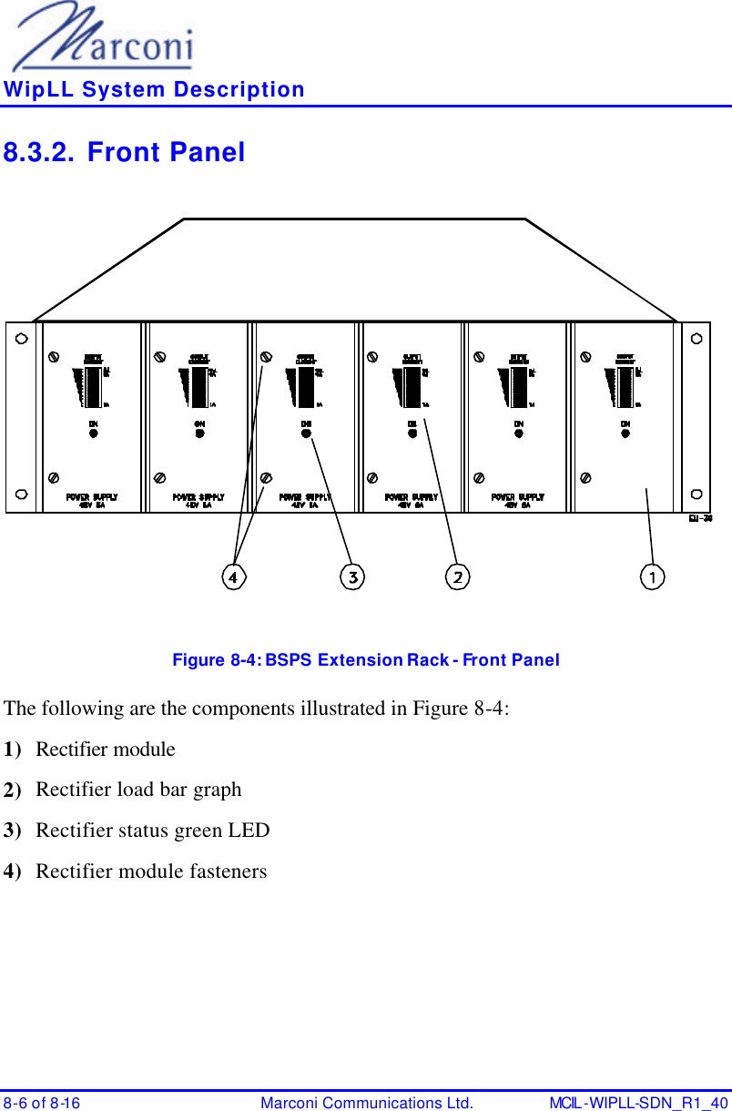    WipLL System Description 8-6 of 8-16 Marconi Communications Ltd. MCIL -WIPLL-SDN_R1_40 8.3.2. Front Panel  Figure 8-4:  BSPS Extension Rack - Front Panel The following are the components illustrated in Figure 8-4: 1) Rectifier module  2) Rectifier load bar graph 3) Rectifier status green LED 4) Rectifier module fasteners 