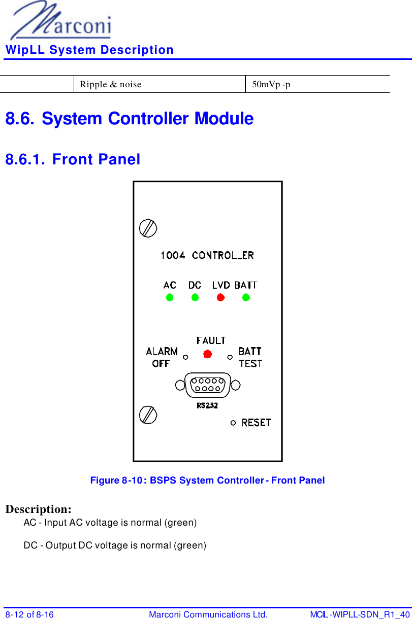    WipLL System Description 8-12 of 8-16 Marconi Communications Ltd. MCIL -WIPLL-SDN_R1_40  Ripple &amp; noise 50mVp -p 8.6. System Controller Module 8.6.1. Front Panel  Figure 8-10:  BSPS System Controller - Front Panel Description: AC - Input AC voltage is normal (green) DC - Output DC voltage is normal (green) 