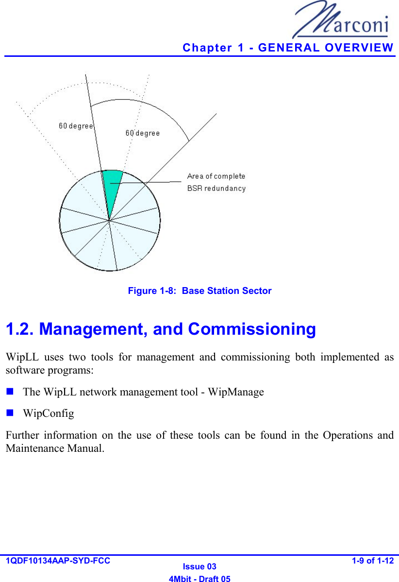   Chapter  1 - GENERAL OVERVIEW 1QDF10134AAP-SYD-FCC  Issue 03 4Mbit - Draft 05 1-9 of 1-12   Figure  1-8:  Base Station Sector 1.2. Management, and Commissioning WipLL uses two tools for management and commissioning both implemented as software programs:   The WipLL network management tool - WipManage  WipConfig Further information on the use of these tools can be found in the Operations and Maintenance Manual. 