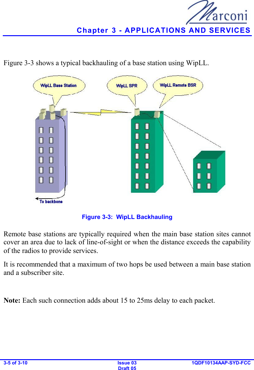  Chapter  3 - APPLICATIONS AND SERVICES 3-5 of 3-10   Issue 03 Draft 05 1QDF10134AAP-SYD-FCC   Figure  3-3 shows a typical backhauling of a base station using WipLL.  Figure  3-3:  WipLL Backhauling Remote base stations are typically required when the main base station sites cannot cover an area due to lack of line-of-sight or when the distance exceeds the capability of the radios to provide services. It is recommended that a maximum of two hops be used between a main base station and a subscriber site.   Note: Each such connection adds about 15 to 25ms delay to each packet. 