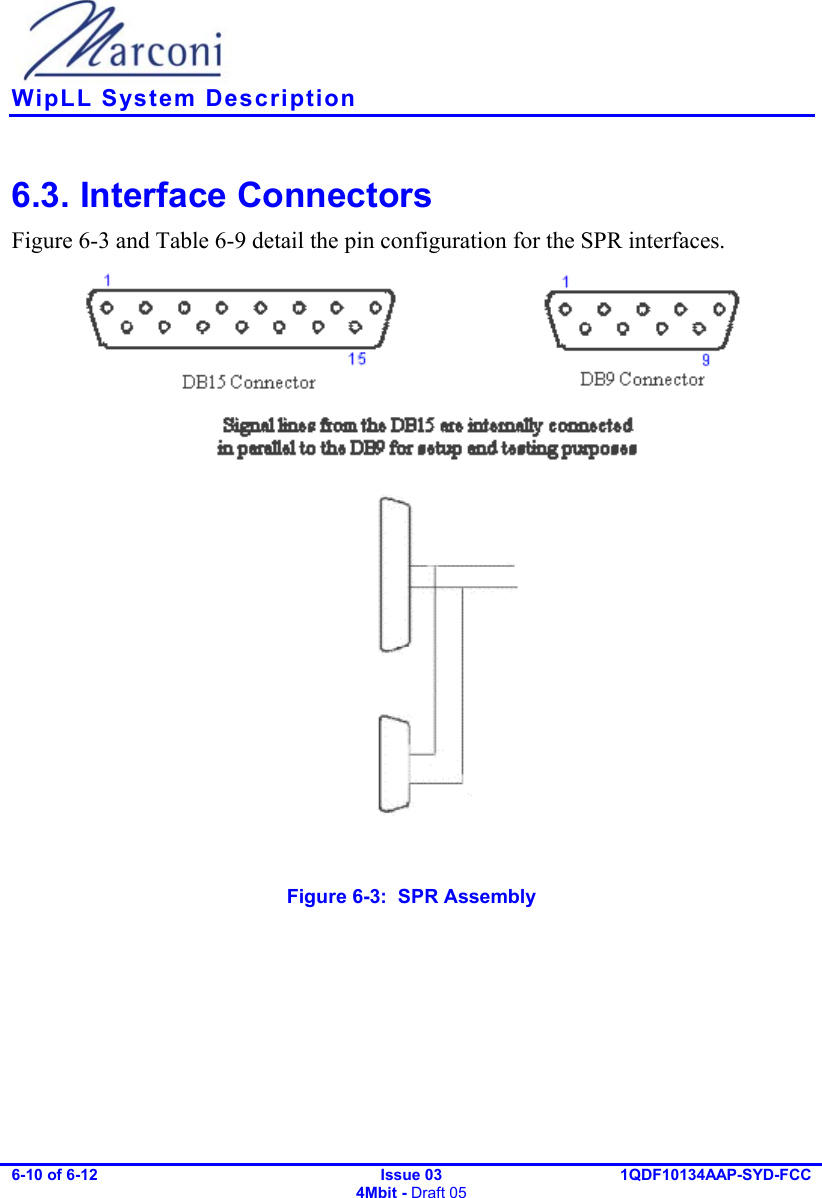    WipLL System Description 6-10 of 6-12   Issue 03 4Mbit - Draft 05 1QDF10134AAP-SYD-FCC  6.3. Interface Connectors Figure  6-3 and Table  6-9 detail the pin configuration for the SPR interfaces.  Figure  6-3:  SPR Assembly 