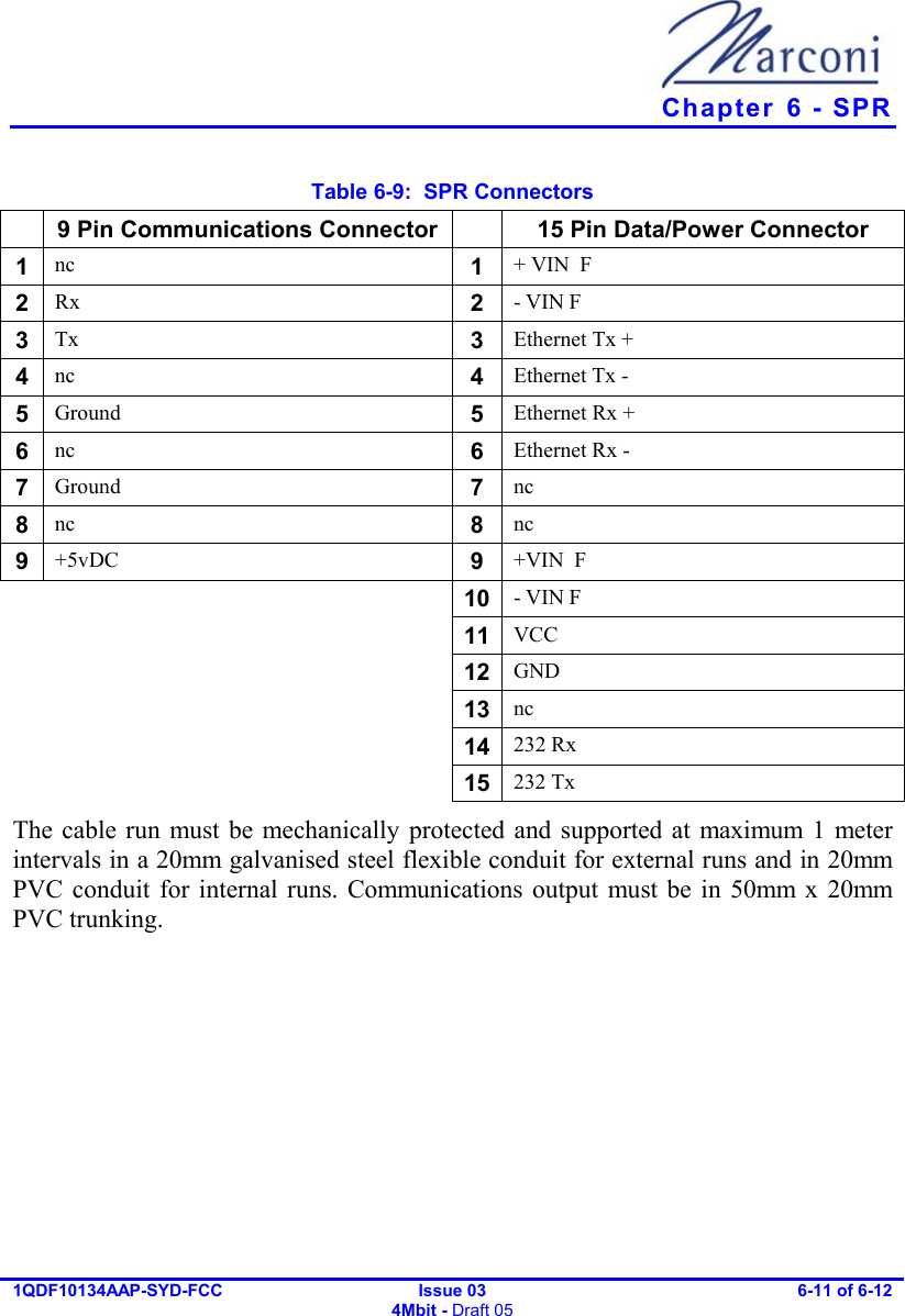   Chapter  6 - SPR 1QDF10134AAP-SYD-FCC Issue 03 4Mbit - Draft 05 6-11 of 6-12  Table  6-9:  SPR Connectors   9 Pin Communications Connector    15 Pin Data/Power Connector 1  nc  1  + VIN  F 2  Rx  2  - VIN F 3  Tx  3  Ethernet Tx + 4  nc  4  Ethernet Tx - 5  Ground  5  Ethernet Rx + 6  nc  6  Ethernet Rx - 7  Ground  7  nc 8  nc  8  nc 9  +5vDC  9  +VIN  F   10 - VIN F   11 VCC   12 GND   13 nc   14 232 Rx   15 232 Tx The cable run must be mechanically protected and supported at maximum 1 meter intervals in a 20mm galvanised steel flexible conduit for external runs and in 20mm PVC conduit for internal runs. Communications output must be in 50mm x 20mm PVC trunking. 