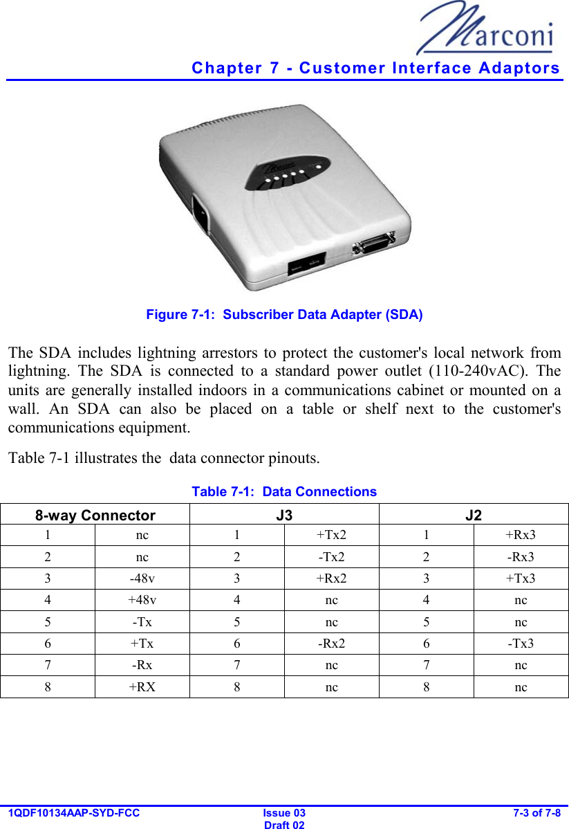   Chapter  7 - Customer Interface Adaptors 1QDF10134AAP-SYD-FCC Issue 03 Draft 02 7-3 of 7-8   Figure  7-1:  Subscriber Data Adapter (SDA) The SDA includes lightning arrestors to protect the customer&apos;s local network from lightning. The SDA is connected to a standard power outlet (110-240vAC). The units are generally installed indoors in a communications cabinet or mounted on a wall. An SDA can also be placed on a table or shelf next to the customer&apos;s communications equipment. Table  7-1 illustrates the  data connector pinouts. Table  7-1:  Data Connections 8-way Connector  J3  J2 1 nc 1 +Tx2 1 +Rx3 2 nc 2 -Tx2 2 -Rx3 3 -48v 3 +Rx2 3 +Tx3 4 +48v 4 nc 4 nc 5 -Tx 5 nc 5 nc 6 +Tx 6 -Rx2 6 -Tx3 7 -Rx 7 nc 7 nc 8 +RX 8 nc 8 nc   