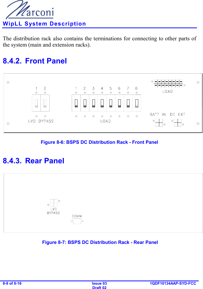   WipLL System Description 8-8 of 8-16   Issue 03 Draft 02 1QDF10134AAP-SYD-FCC  The distribution rack also contains the terminations for connecting to other parts of the system (main and extension racks). 8.4.2. Front Panel  Figure  8-6: BSPS DC Distribution Rack - Front Panel 8.4.3. Rear Panel   Figure  8-7: BSPS DC Distribution Rack - Rear Panel 