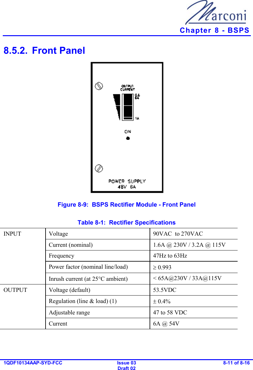   Chapter  8 - BSPS 1QDF10134AAP-SYD-FCC Issue 03 Draft 02 8-11 of 8-16  8.5.2. Front Panel  Figure  8-9:  BSPS Rectifier Module - Front Panel  Table  8-1:  Rectifier Specifications Voltage  90VAC  to 270VAC Current (nominal)  1.6A @ 230V / 3.2A @ 115V Frequency  47Hz to 63Hz Power factor (nominal line/load)  ≥ 0.993 INPUT Inrush current (at 25°C ambient)  &lt; 65A@230V / 33A@115V  Voltage (default)  53.5VDC Regulation (line &amp; load) (1)  ± 0.4% Adjustable range  47 to 58 VDC OUTPUT Current 6A @ 54V 