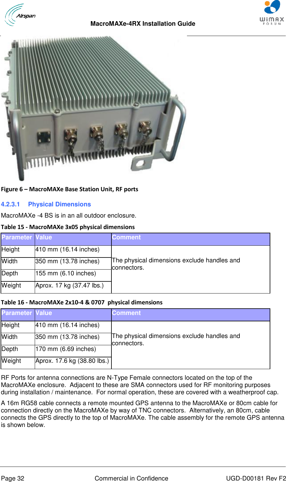  MacroMAXe-4RX Installation Guide       Page 32  Commercial in Confidence  UGD-D00181 Rev F2  Figure 6 – MacroMAXe Base Station Unit, RF ports 4.2.3.1  Physical Dimensions MacroMAXe -4 BS is in an all outdoor enclosure. Table 15 - MacroMAXe 3x05 physical dimensions Parameter Value Comment Height 410 mm (16.14 inches)  The physical dimensions exclude handles and connectors. Width 350 mm (13.78 inches) Depth 155 mm (6.10 inches) Weight Aprox. 17 kg (37.47 lbs.)  Table 16 - MacroMAXe 2x10-4 &amp; 0707  physical dimensions Parameter Value Comment Height 410 mm (16.14 inches)  The physical dimensions exclude handles and connectors. Width 350 mm (13.78 inches) Depth 170 mm (6.69 inches) Weight Aprox. 17.6 kg (38.80 lbs.)  RF Ports for antenna connections are N-Type Female connectors located on the top of the MacroMAXe enclosure.  Adjacent to these are SMA connectors used for RF monitoring purposes during installation / maintenance.  For normal operation, these are covered with a weatherproof cap. A 16m RG58 cable connects a remote mounted GPS antenna to the MacroMAXe or 80cm cable for connection directly on the MacroMAXe by way of TNC connectors.  Alternatively, an 80cm, cable connects the GPS directly to the top of MacroMAXe. The cable assembly for the remote GPS antenna is shown below.  