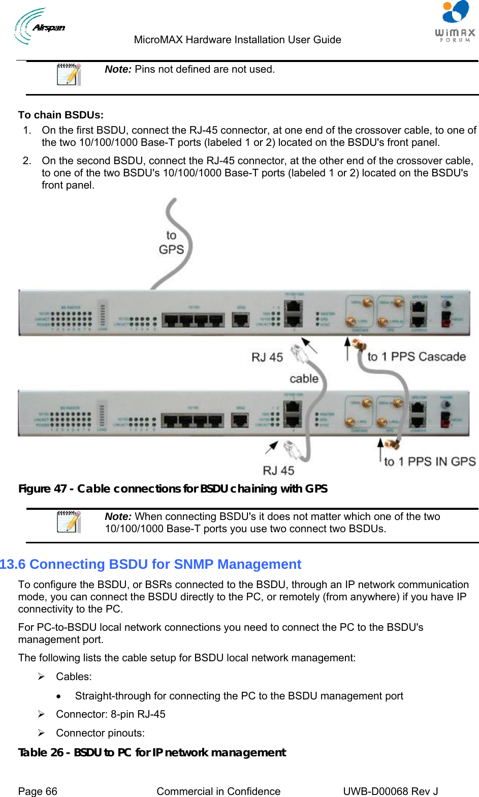                                  MicroMAX Hardware Installation User Guide     Page 66  Commercial in Confidence  UWB-D00068 Rev J    Note: Pins not defined are not used.  To chain BSDUs: 1.  On the first BSDU, connect the RJ-45 connector, at one end of the crossover cable, to one of the two 10/100/1000 Base-T ports (labeled 1 or 2) located on the BSDU&apos;s front panel. 2.  On the second BSDU, connect the RJ-45 connector, at the other end of the crossover cable, to one of the two BSDU&apos;s 10/100/1000 Base-T ports (labeled 1 or 2) located on the BSDU&apos;s front panel.  Figure 47 - Cable connections for BSDU chaining with GPS   Note: When connecting BSDU&apos;s it does not matter which one of the two 10/100/1000 Base-T ports you use two connect two BSDUs. 13.6 Connecting BSDU for SNMP Management To configure the BSDU, or BSRs connected to the BSDU, through an IP network communication mode, you can connect the BSDU directly to the PC, or remotely (from anywhere) if you have IP connectivity to the PC. For PC-to-BSDU local network connections you need to connect the PC to the BSDU&apos;s management port. The following lists the cable setup for BSDU local network management: ¾ Cables:   •  Straight-through for connecting the PC to the BSDU management port ¾  Connector: 8-pin RJ-45  ¾ Connector pinouts: Table 26 - BSDU to PC for IP network management 