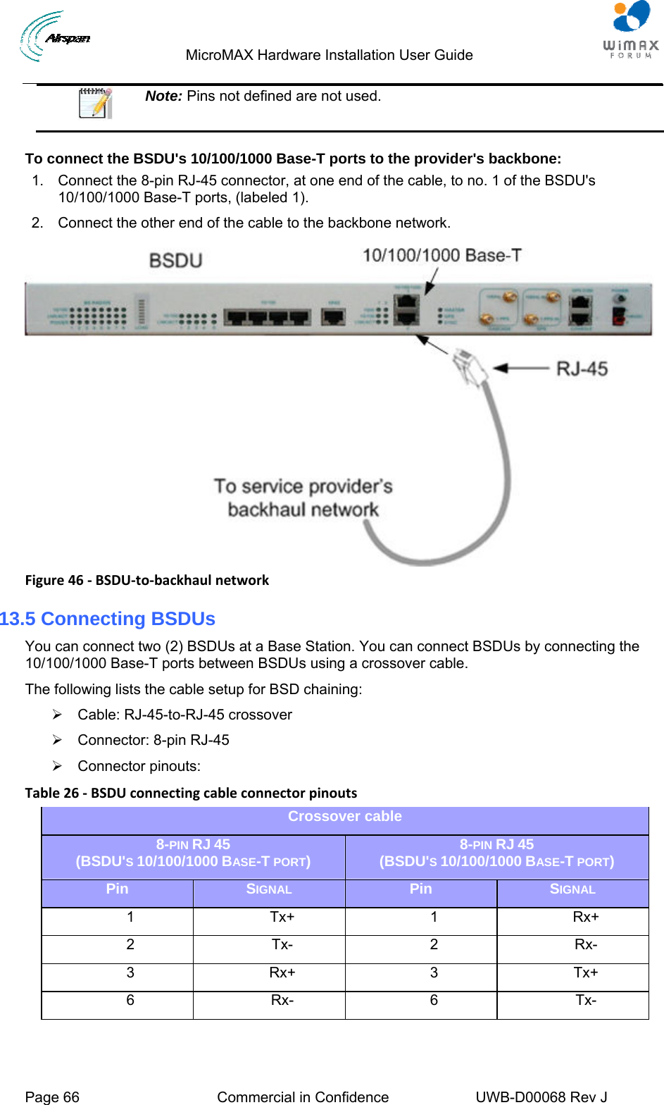                                 MicroMAX Hardware Installation User Guide  Page 66  Commercial in Confidence  UWB-D00068 Rev J    Note: Pins not defined are not used.  To connect the BSDU&apos;s 10/100/1000 Base-T ports to the provider&apos;s backbone: 1.  Connect the 8-pin RJ-45 connector, at one end of the cable, to no. 1 of the BSDU&apos;s 10/100/1000 Base-T ports, (labeled 1). 2.  Connect the other end of the cable to the backbone network.  Figure46‐BSDU‐to‐backhaulnetwork13.5 Connecting BSDUs You can connect two (2) BSDUs at a Base Station. You can connect BSDUs by connecting the 10/100/1000 Base-T ports between BSDUs using a crossover cable. The following lists the cable setup for BSD chaining: ¾ Cable: RJ-45-to-RJ-45 crossover ¾  Connector: 8-pin RJ-45 ¾ Connector pinouts: Table26‐BSDUconnectingcableconnectorpinoutsCrossover cable 8-PIN RJ 45 (BSDU&apos;S 10/100/1000 BASE-T PORT)  8-PIN RJ 45 (BSDU&apos;S 10/100/1000 BASE-T PORT) Pin  SIGNAL Pin  SIGNAL 1 Tx+ 1 Rx+ 2 Tx- 2 Rx- 3 Rx+ 3 Tx+ 6 Rx- 6 Tx-  