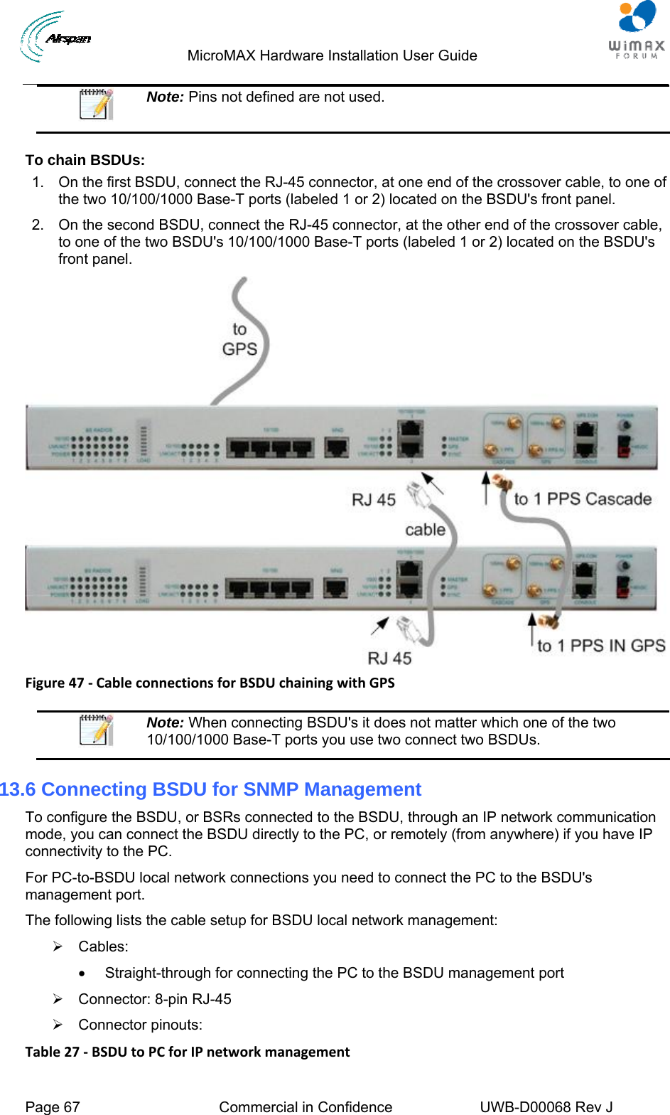                                  MicroMAX Hardware Installation User Guide  Page 67  Commercial in Confidence  UWB-D00068 Rev J    Note: Pins not defined are not used.  To chain BSDUs: 1.  On the first BSDU, connect the RJ-45 connector, at one end of the crossover cable, to one of the two 10/100/1000 Base-T ports (labeled 1 or 2) located on the BSDU&apos;s front panel. 2.  On the second BSDU, connect the RJ-45 connector, at the other end of the crossover cable, to one of the two BSDU&apos;s 10/100/1000 Base-T ports (labeled 1 or 2) located on the BSDU&apos;s front panel.  Figure47‐CableconnectionsforBSDUchainingwithGPS  Note: When connecting BSDU&apos;s it does not matter which one of the two 10/100/1000 Base-T ports you use two connect two BSDUs. 13.6 Connecting BSDU for SNMP Management To configure the BSDU, or BSRs connected to the BSDU, through an IP network communication mode, you can connect the BSDU directly to the PC, or remotely (from anywhere) if you have IP connectivity to the PC. For PC-to-BSDU local network connections you need to connect the PC to the BSDU&apos;s management port. The following lists the cable setup for BSDU local network management: ¾ Cables:   •  Straight-through for connecting the PC to the BSDU management port ¾  Connector: 8-pin RJ-45  ¾ Connector pinouts: Table27‐BSDUtoPCforIPnetworkmanagement