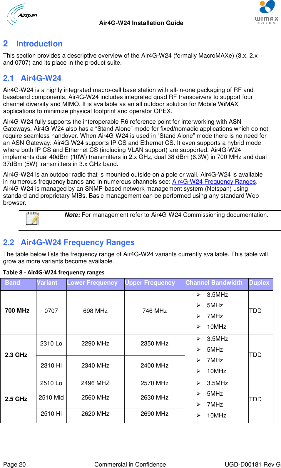  Air4G-W24 Installation Guide       Page 20  Commercial in Confidence  UGD-D00181 Rev G 2  Introduction This section provides a descriptive overview of the Air4G-W24 (formally MacroMAXe) (3.x, 2.x and 0707) and its place in the product suite. 2.1  Air4G-W24 Air4G-W24 is a highly integrated macro-cell base station with all-in-one packaging of RF and baseband components. Air4G-W24 includes integrated quad RF transceivers to support four channel diversity and MIMO. It is available as an all outdoor solution for Mobile WiMAX applications to minimize physical footprint and operator OPEX. Air4G-W24 fully supports the interoperable R6 reference point for interworking with ASN Gateways. Air4G-W24 also has a “Stand Alone” mode for fixed/nomadic applications which do not require seamless handover. When Air4G-W24 is used in “Stand Alone” mode there is no need for an ASN Gateway. Air4G-W24 supports IP CS and Ethernet CS. It even supports a hybrid mode where both IP CS and Ethernet CS (including VLAN support) are supported. Air4G-W24 implements dual 40dBm (10W) transmitters in 2.x GHz, dual 38 dBm (6.3W) in 700 MHz and dual 37dBm (5W) transmitters in 3.x GHz band. Air4G-W24 is an outdoor radio that is mounted outside on a pole or wall. Air4G-W24 is available in numerous frequency bands and in numerous channels see: Air4G-W24 Frequency Ranges.Air4G-W24 is managed by an SNMP-based network management system (Netspan) using standard and proprietary MIBs. Basic management can be performed using any standard Web browser.  Note: For management refer to Air4G-W24 Commissioning documentation. 2.2  Air4G-W24 Frequency Ranges The table below lists the frequency range of Air4G-W24 variants currently available. This table will grow as more variants become available. Table 8 - Air4G-W24 frequency ranges Band Variant Lower Frequency Upper Frequency Channel Bandwidth Duplex 700 MHz 0707 698 MHz 746 MHz   3.5MHz   5MHz   7MHz   10MHz TDD 2.3 GHz 2310 Lo 2290 MHz 2350 MHz   3.5MHz   5MHz   7MHz   10MHz TDD 2310 Hi 2340 MHz 2400 MHz 2.5 GHz 2510 Lo 2496 MHZ 2570 MHz   3.5MHz   5MHz   7MHz   10MHz TDD 2510 Mid 2560 MHz 2630 MHz 2510 Hi 2620 MHz 2690 MHz 