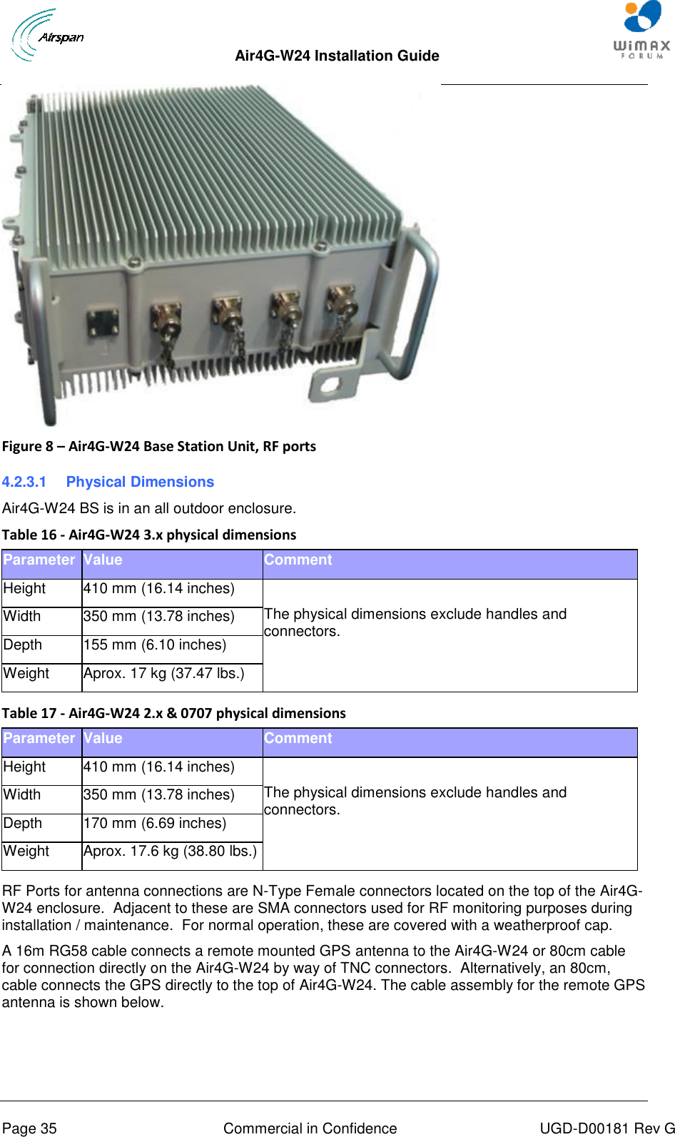  Air4G-W24 Installation Guide       Page 35  Commercial in Confidence  UGD-D00181 Rev G  Figure 8 – Air4G-W24 Base Station Unit, RF ports 4.2.3.1  Physical Dimensions Air4G-W24 BS is in an all outdoor enclosure. Table 16 - Air4G-W24 3.x physical dimensions Parameter Value Comment Height 410 mm (16.14 inches)  The physical dimensions exclude handles and connectors. Width 350 mm (13.78 inches) Depth 155 mm (6.10 inches) Weight Aprox. 17 kg (37.47 lbs.)  Table 17 - Air4G-W24 2.x &amp; 0707 physical dimensions Parameter Value Comment Height 410 mm (16.14 inches)  The physical dimensions exclude handles and connectors. Width 350 mm (13.78 inches) Depth 170 mm (6.69 inches) Weight Aprox. 17.6 kg (38.80 lbs.)  RF Ports for antenna connections are N-Type Female connectors located on the top of the Air4G-W24 enclosure.  Adjacent to these are SMA connectors used for RF monitoring purposes during installation / maintenance.  For normal operation, these are covered with a weatherproof cap. A 16m RG58 cable connects a remote mounted GPS antenna to the Air4G-W24 or 80cm cable for connection directly on the Air4G-W24 by way of TNC connectors.  Alternatively, an 80cm, cable connects the GPS directly to the top of Air4G-W24. The cable assembly for the remote GPS antenna is shown below.  