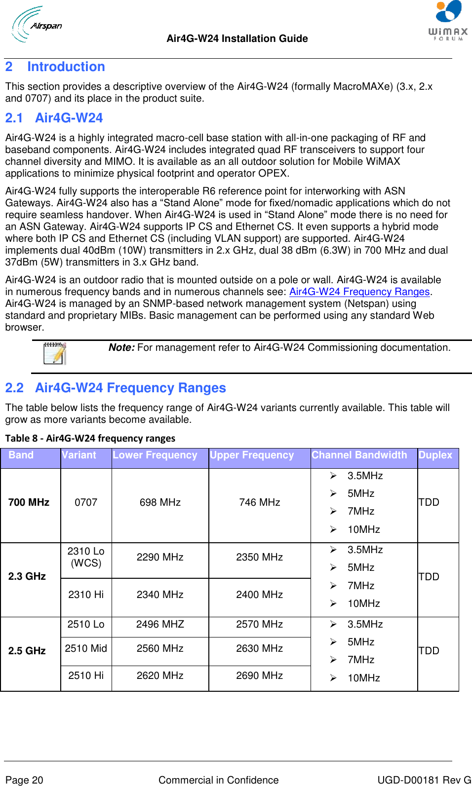  Air4G-W24 Installation Guide     Page 20  Commercial in Confidence  UGD-D00181 Rev G 2  Introduction This section provides a descriptive overview of the Air4G-W24 (formally MacroMAXe) (3.x, 2.x and 0707) and its place in the product suite. 2.1  Air4G-W24 Air4G-W24 is a highly integrated macro-cell base station with all-in-one packaging of RF and baseband components. Air4G-W24 includes integrated quad RF transceivers to support four channel diversity and MIMO. It is available as an all outdoor solution for Mobile WiMAX applications to minimize physical footprint and operator OPEX. Air4G-W24 fully supports the interoperable R6 reference point for interworking with ASN Gateways. Air4G-W24 also has a “Stand Alone” mode for fixed/nomadic applications which do not require seamless handover. When Air4G-W24 is used in “Stand Alone” mode there is no need for an ASN Gateway. Air4G-W24 supports IP CS and Ethernet CS. It even supports a hybrid mode where both IP CS and Ethernet CS (including VLAN support) are supported. Air4G-W24 implements dual 40dBm (10W) transmitters in 2.x GHz, dual 38 dBm (6.3W) in 700 MHz and dual 37dBm (5W) transmitters in 3.x GHz band. Air4G-W24 is an outdoor radio that is mounted outside on a pole or wall. Air4G-W24 is available in numerous frequency bands and in numerous channels see: Air4G-W24 Frequency Ranges.Air4G-W24 is managed by an SNMP-based network management system (Netspan) using standard and proprietary MIBs. Basic management can be performed using any standard Web browser.  Note: For management refer to Air4G-W24 Commissioning documentation. 2.2  Air4G-W24 Frequency Ranges The table below lists the frequency range of Air4G-W24 variants currently available. This table will grow as more variants become available. Table 8 - Air4G-W24 frequency ranges Band Variant Lower Frequency Upper Frequency Channel Bandwidth Duplex 700 MHz 0707 698 MHz 746 MHz   3.5MHz   5MHz   7MHz   10MHz TDD 2.3 GHz 2310 Lo (WCS) 2290 MHz 2350 MHz   3.5MHz   5MHz   7MHz   10MHz TDD 2310 Hi 2340 MHz 2400 MHz 2.5 GHz 2510 Lo 2496 MHZ 2570 MHz   3.5MHz   5MHz   7MHz   10MHz TDD 2510 Mid 2560 MHz 2630 MHz 2510 Hi 2620 MHz 2690 MHz 