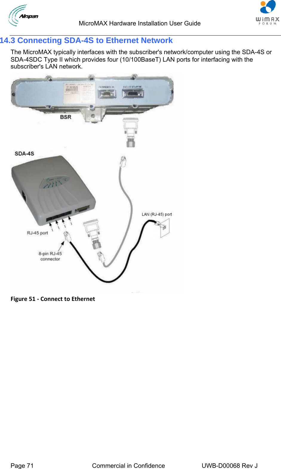                                  MicroMAX Hardware Installation User Guide  Page 71  Commercial in Confidence  UWB-D00068 Rev J   14.3 Connecting SDA-4S to Ethernet Network The MicroMAX typically interfaces with the subscriber&apos;s network/computer using the SDA-4S or SDA-4SDC Type II which provides four (10/100BaseT) LAN ports for interfacing with the subscriber&apos;s LAN network.  Figure51‐ConnecttoEthernet