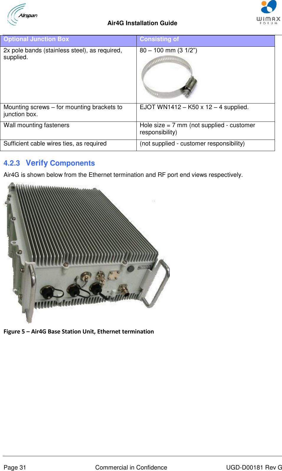 Air4G Installation Guide       Page 31  Commercial in Confidence  UGD-D00181 Rev G Optional Junction Box Consisting of 2x pole bands (stainless steel), as required, supplied. 80 – 100 mm (3 1/2”)  Mounting screws – for mounting brackets to junction box. EJOT WN1412 – K50 x 12 – 4 supplied. Wall mounting fasteners  Hole size = 7 mm (not supplied - customer responsibility) Sufficient cable wires ties, as required (not supplied - customer responsibility) 4.2.3  Verify Components Air4G is shown below from the Ethernet termination and RF port end views respectively.  Figure 5 – Air4G Base Station Unit, Ethernet termination  