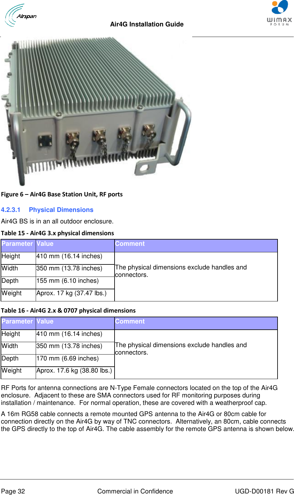  Air4G Installation Guide       Page 32  Commercial in Confidence  UGD-D00181 Rev G  Figure 6 – Air4G Base Station Unit, RF ports 4.2.3.1  Physical Dimensions Air4G BS is in an all outdoor enclosure. Table 15 - Air4G 3.x physical dimensions Parameter Value Comment Height 410 mm (16.14 inches)  The physical dimensions exclude handles and connectors. Width 350 mm (13.78 inches) Depth 155 mm (6.10 inches) Weight Aprox. 17 kg (37.47 lbs.)  Table 16 - Air4G 2.x &amp; 0707 physical dimensions Parameter Value Comment Height 410 mm (16.14 inches)  The physical dimensions exclude handles and connectors. Width 350 mm (13.78 inches) Depth 170 mm (6.69 inches) Weight Aprox. 17.6 kg (38.80 lbs.)  RF Ports for antenna connections are N-Type Female connectors located on the top of the Air4G enclosure.  Adjacent to these are SMA connectors used for RF monitoring purposes during installation / maintenance.  For normal operation, these are covered with a weatherproof cap. A 16m RG58 cable connects a remote mounted GPS antenna to the Air4G or 80cm cable for connection directly on the Air4G by way of TNC connectors.  Alternatively, an 80cm, cable connects the GPS directly to the top of Air4G. The cable assembly for the remote GPS antenna is shown below.  