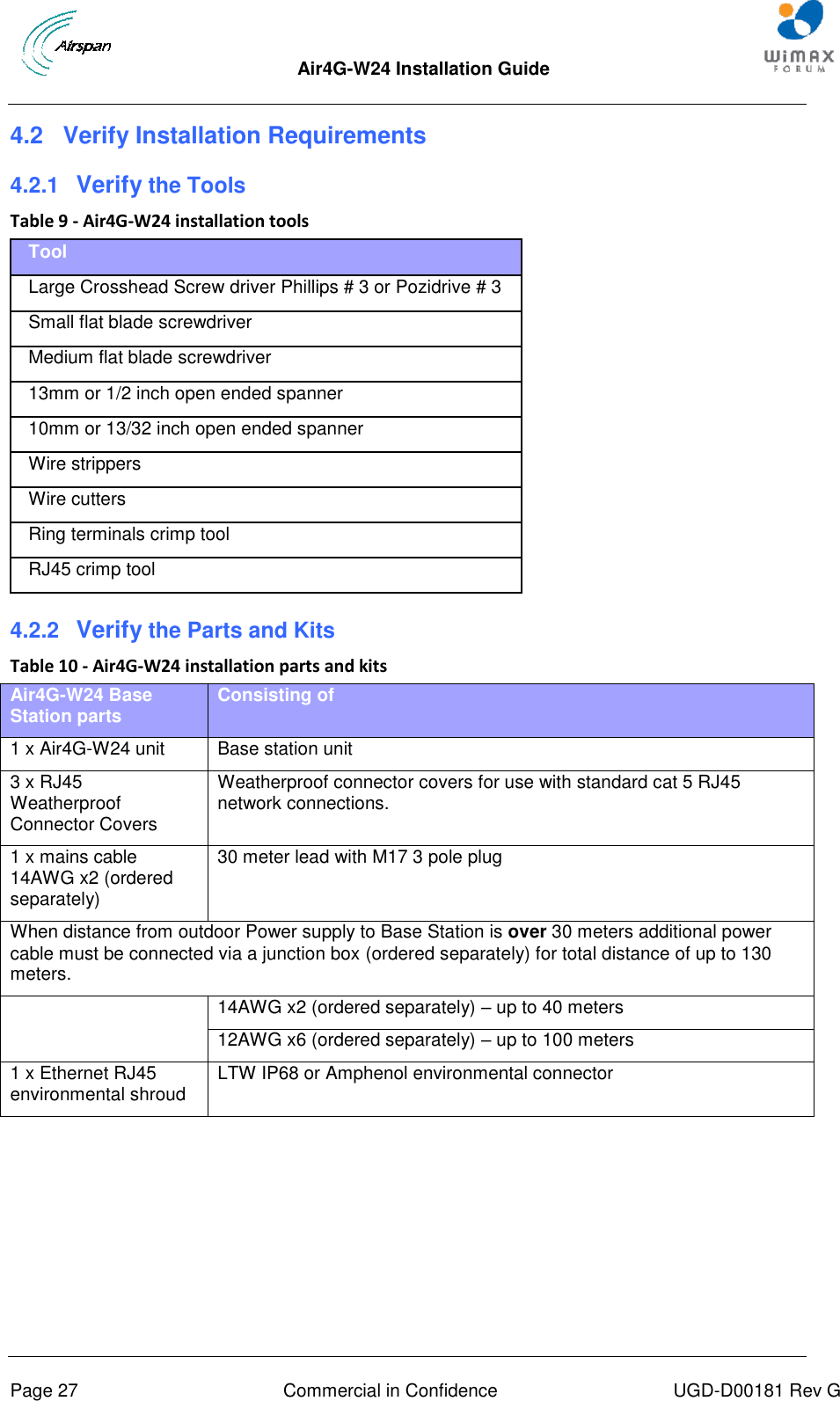  Air4G-W24 Installation Guide       Page 27  Commercial in Confidence  UGD-D00181 Rev G 4.2  Verify Installation Requirements 4.2.1  Verify the Tools Table 9 - Air4G-W24 installation tools Tool Large Crosshead Screw driver Phillips # 3 or Pozidrive # 3 Small flat blade screwdriver Medium flat blade screwdriver 13mm or 1/2 inch open ended spanner 10mm or 13/32 inch open ended spanner Wire strippers Wire cutters Ring terminals crimp tool RJ45 crimp tool 4.2.2  Verify the Parts and Kits Table 10 - Air4G-W24 installation parts and kits Air4G-W24 Base Station parts Consisting of 1 x Air4G-W24 unit Base station unit 3 x RJ45 Weatherproof Connector Covers Weatherproof connector covers for use with standard cat 5 RJ45 network connections. 1 x mains cable 14AWG x2 (ordered separately) 30 meter lead with M17 3 pole plug When distance from outdoor Power supply to Base Station is over 30 meters additional power cable must be connected via a junction box (ordered separately) for total distance of up to 130 meters.  14AWG x2 (ordered separately) – up to 40 meters 12AWG x6 (ordered separately) – up to 100 meters 1 x Ethernet RJ45 environmental shroud LTW IP68 or Amphenol environmental connector 