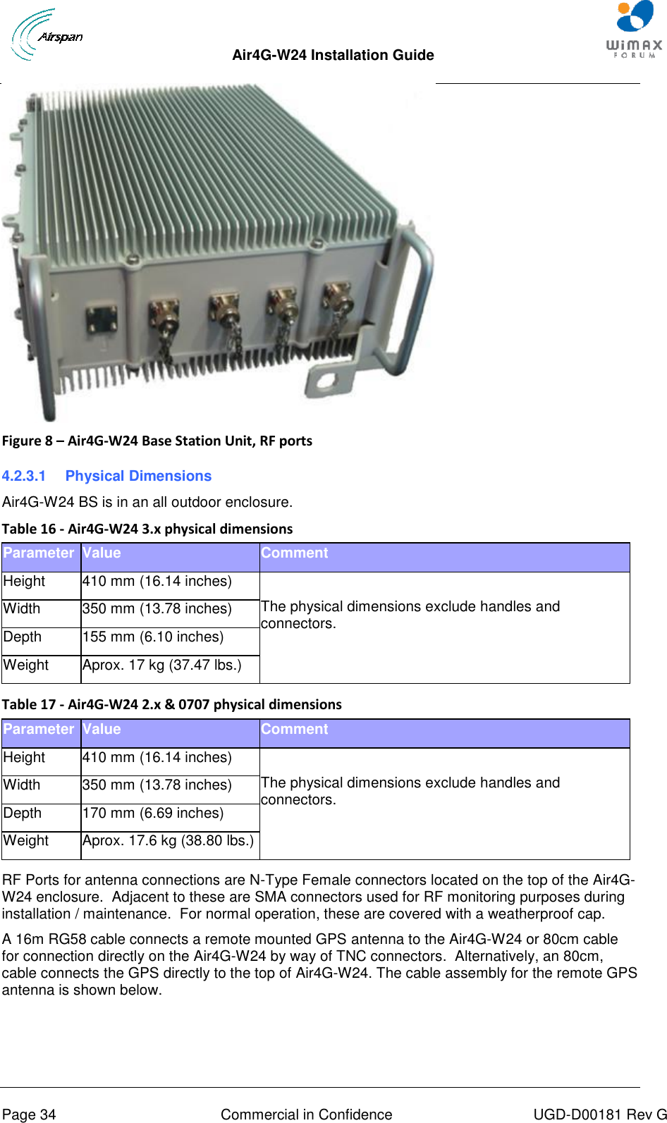  Air4G-W24 Installation Guide       Page 34  Commercial in Confidence  UGD-D00181 Rev G  Figure 8 – Air4G-W24 Base Station Unit, RF ports 4.2.3.1  Physical Dimensions Air4G-W24 BS is in an all outdoor enclosure. Table 16 - Air4G-W24 3.x physical dimensions Parameter Value Comment Height 410 mm (16.14 inches)  The physical dimensions exclude handles and connectors. Width 350 mm (13.78 inches) Depth 155 mm (6.10 inches) Weight Aprox. 17 kg (37.47 lbs.)  Table 17 - Air4G-W24 2.x &amp; 0707 physical dimensions Parameter Value Comment Height 410 mm (16.14 inches)  The physical dimensions exclude handles and connectors. Width 350 mm (13.78 inches) Depth 170 mm (6.69 inches) Weight Aprox. 17.6 kg (38.80 lbs.)  RF Ports for antenna connections are N-Type Female connectors located on the top of the Air4G-W24 enclosure.  Adjacent to these are SMA connectors used for RF monitoring purposes during installation / maintenance.  For normal operation, these are covered with a weatherproof cap. A 16m RG58 cable connects a remote mounted GPS antenna to the Air4G-W24 or 80cm cable for connection directly on the Air4G-W24 by way of TNC connectors.  Alternatively, an 80cm, cable connects the GPS directly to the top of Air4G-W24. The cable assembly for the remote GPS antenna is shown below.  