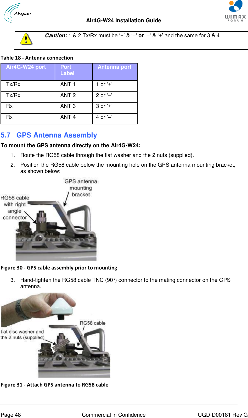  Air4G-W24 Installation Guide       Page 48  Commercial in Confidence  UGD-D00181 Rev G   Caution: 1 &amp; 2 Tx/Rx must be „+‟ &amp; „–„ or „–„ &amp; „+‟ and the same for 3 &amp; 4.  Table 18 - Antenna connection Air4G-W24 port Port  Label    Antenna port Tx/Rx ANT 1    1 or „+‟ Tx/Rx ANT 2    2 or „–‟ Rx ANT 3    3 or „+‟ Rx ANT 4    4 or „–‟ 5.7  GPS Antenna Assembly To mount the GPS antenna directly on the Air4G-W24: 1.  Route the RG58 cable through the flat washer and the 2 nuts (supplied). 2.  Position the RG58 cable below the mounting hole on the GPS antenna mounting bracket, as shown below:  Figure 30 - GPS cable assembly prior to mounting  3.  Hand-tighten the RG58 cable TNC (90°) connector to the mating connector on the GPS antenna.  Figure 31 - Attach GPS antenna to RG58 cable  