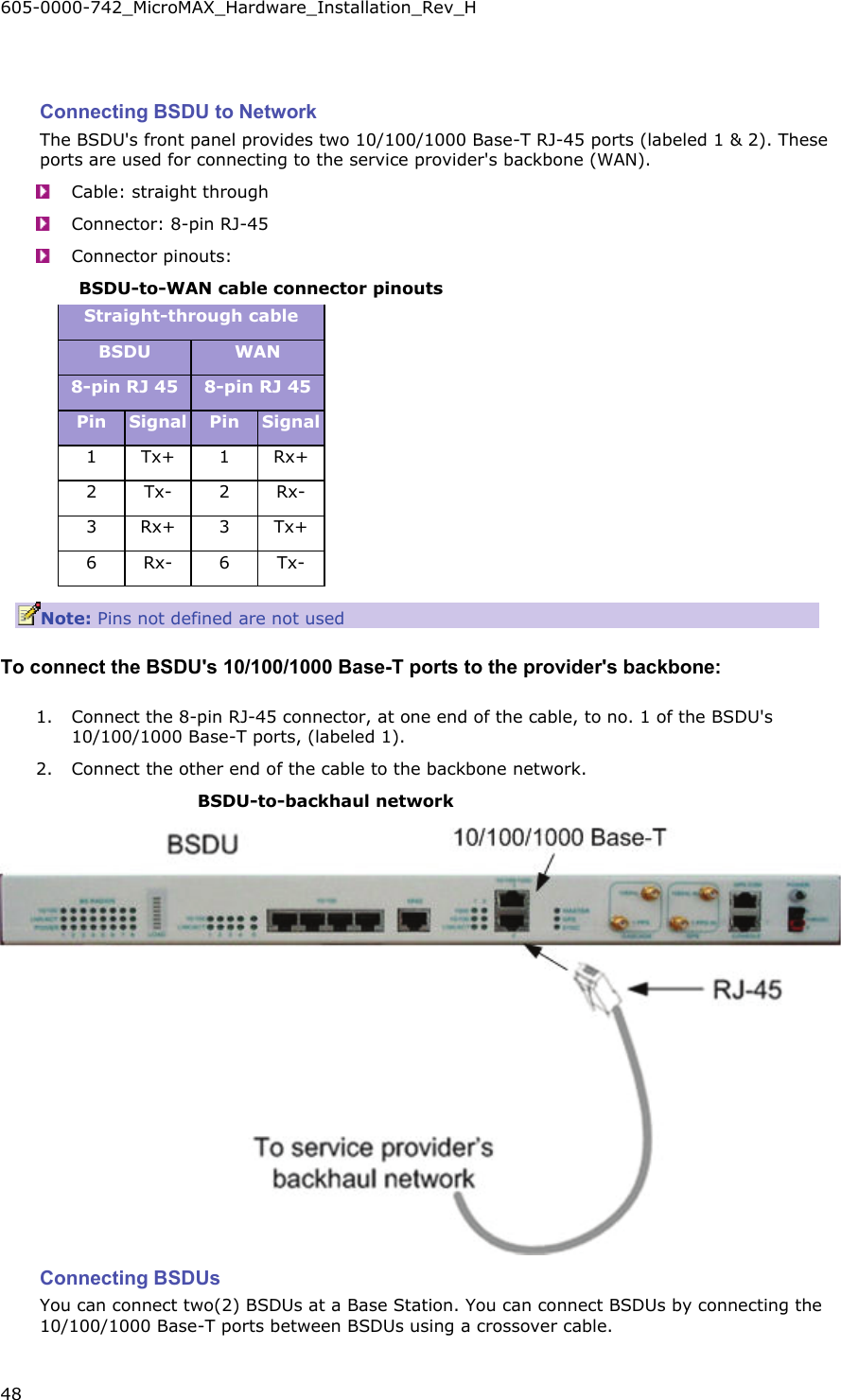 605-0000-742_MicroMAX_Hardware_Installation_Rev_H 48      Connecting BSDU to Network The BSDU&apos;s front panel provides two 10/100/1000 Base-T RJ-45 ports (labeled 1 &amp; 2). These ports are used for connecting to the service provider&apos;s backbone (WAN).  Cable: straight through  Connector: 8-pin RJ-45  Connector pinouts: BSDU-to-WAN cable connector pinouts Straight-through cable BSDU  WAN 8-pin RJ 45  8-pin RJ 45 Pin  Signal Pin  Signal 1 Tx+ 1 Rx+ 2 Tx- 2 Rx- 3 Rx+ 3 Tx+ 6 Rx- 6 Tx- Note: Pins not defined are not used To connect the BSDU&apos;s 10/100/1000 Base-T ports to the provider&apos;s backbone: 1. Connect the 8-pin RJ-45 connector, at one end of the cable, to no. 1 of the BSDU&apos;s 10/100/1000 Base-T ports, (labeled 1). 2. Connect the other end of the cable to the backbone network. BSDU-to-backhaul network  Connecting BSDUs You can connect two(2) BSDUs at a Base Station. You can connect BSDUs by connecting the 10/100/1000 Base-T ports between BSDUs using a crossover cable. 