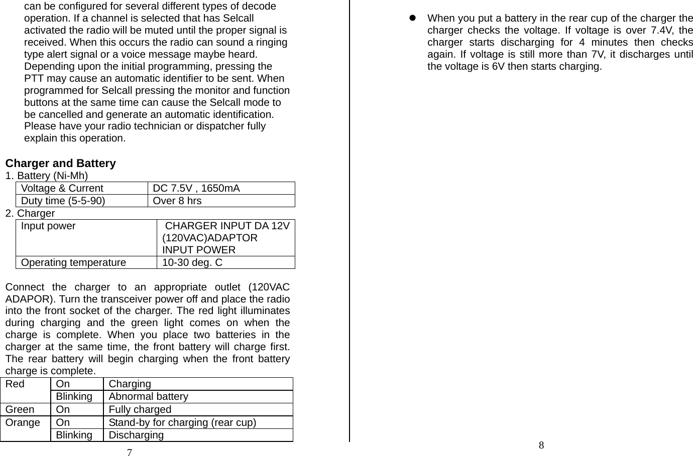 can be configured for several different types of decode operation. If a channel is selected that has Selcall activated the radio will be muted until the proper signal is received. When this occurs the radio can sound a ringing type alert signal or a voice message maybe heard. Depending upon the initial programming, pressing the PTT may cause an automatic identifier to be sent. When programmed for Selcall pressing the monitor and function buttons at the same time can cause the Selcall mode to be cancelled and generate an automatic identification. Please have your radio technician or dispatcher fully explain this operation.   Charger and Battery 1. Battery (Ni-Mh) Voltage &amp; Current  DC 7.5V , 1650mA Duty time (5-5-90)  Over 8 hrs 2. Charger Input power   CHARGER INPUT DA 12V(120VAC)ADAPTOR INPUT POWER Operating temperature  10-30 deg. C  Connect the charger to an appropriate outlet (120VAC ADAPOR). Turn the transceiver power off and place the radio into the front socket of the charger. The red light illuminates during charging and the green light comes on when the charge is complete. When you place two batteries in the charger at the same time, the front battery will charge first. The rear battery will begin charging when the front battery charge is complete. On Charging Red  Blinking Abnormal battery Green On  Fully charged On  Stand-by for charging (rear cup) Orange  Blinking Discharging  z  When you put a battery in the rear cup of the charger the charger checks the voltage. If voltage is over 7.4V, the charger starts discharging for 4 minutes then checks again. If voltage is still more than 7V, it discharges until the voltage is 6V then starts charging.                     7  8 
