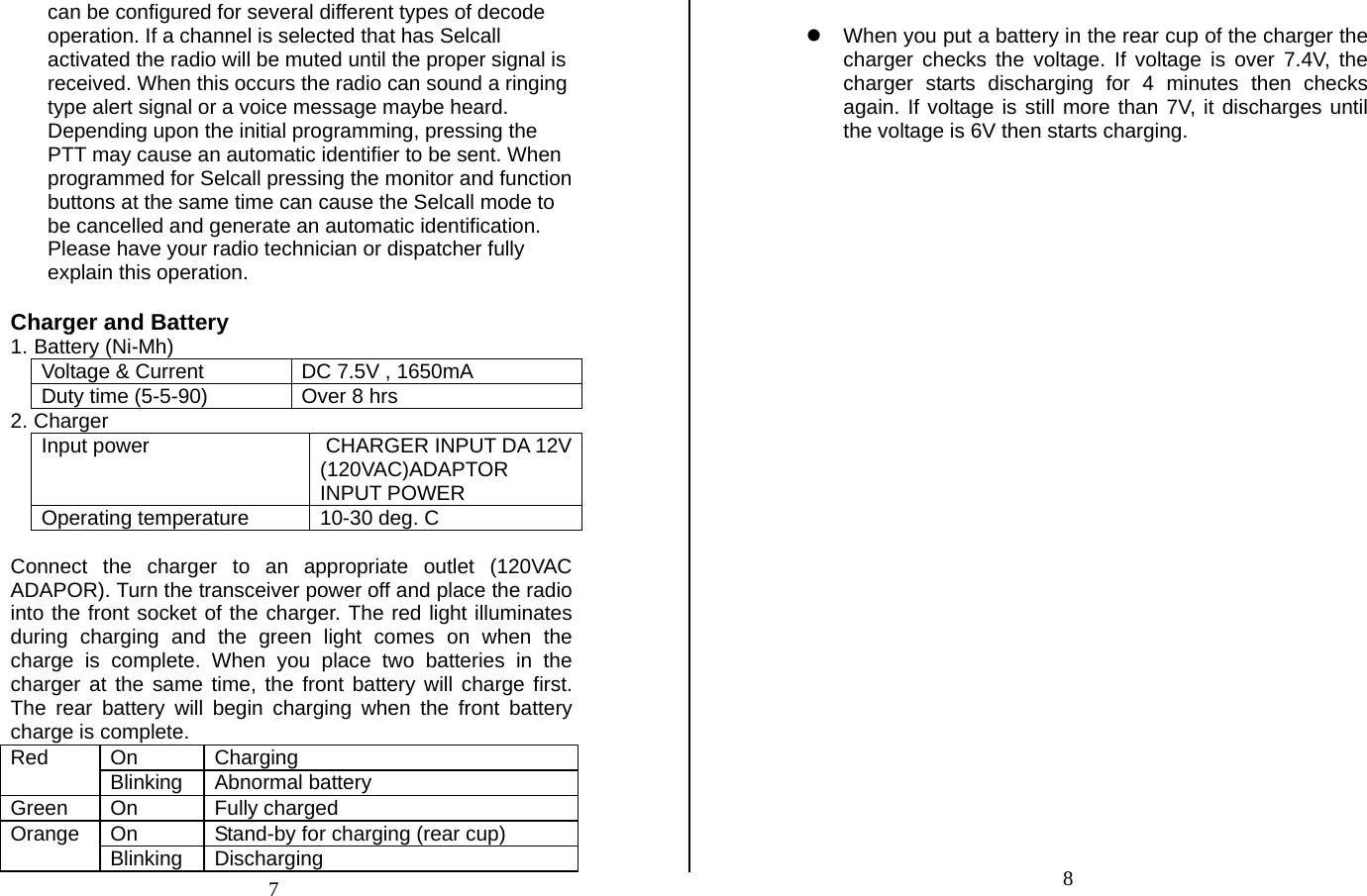 can be configured for several different types of decode operation. If a channel is selected that has Selcall activated the radio will be muted until the proper signal is received. When this occurs the radio can sound a ringing type alert signal or a voice message maybe heard. Depending upon the initial programming, pressing the PTT may cause an automatic identifier to be sent. When programmed for Selcall pressing the monitor and function buttons at the same time can cause the Selcall mode to be cancelled and generate an automatic identification. Please have your radio technician or dispatcher fully explain this operation.   Charger and Battery 1. Battery (Ni-Mh) Voltage &amp; Current  DC 7.5V , 1650mA Duty time (5-5-90)  Over 8 hrs 2. Charger Input power   CHARGER INPUT DA 12V(120VAC)ADAPTOR INPUT POWER Operating temperature  10-30 deg. C  Connect the charger to an appropriate outlet (120VAC ADAPOR). Turn the transceiver power off and place the radio into the front socket of the charger. The red light illuminates during charging and the green light comes on when the charge is complete. When you place two batteries in the charger at the same time, the front battery will charge first. The rear battery will begin charging when the front battery charge is complete. On Charging Red  Blinking Abnormal battery Green On  Fully charged On  Stand-by for charging (rear cup) Orange  Blinking Discharging  z  When you put a battery in the rear cup of the charger the charger checks the voltage. If voltage is over 7.4V, the charger starts discharging for 4 minutes then checks again. If voltage is still more than 7V, it discharges until the voltage is 6V then starts charging.                     7  8 