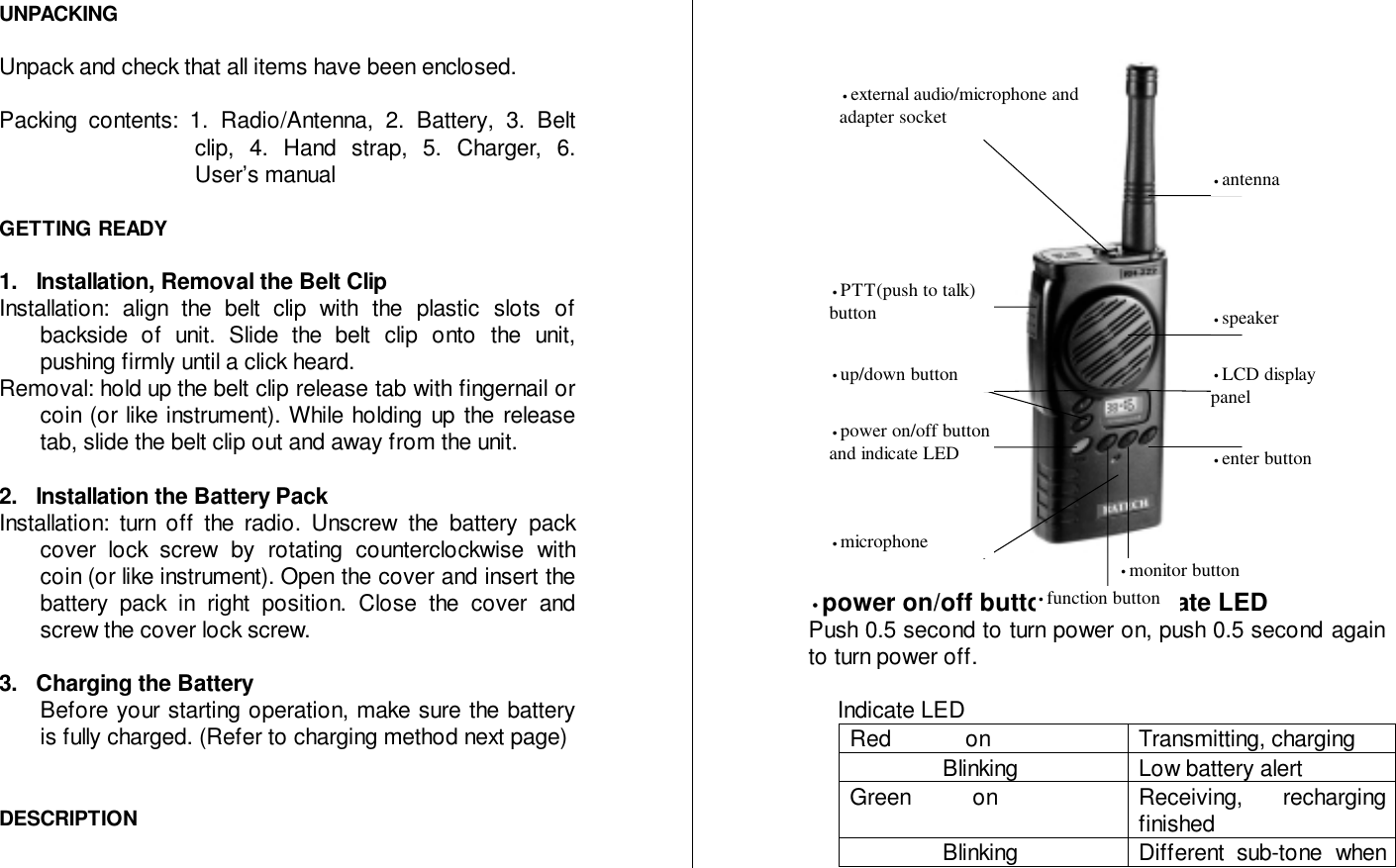 UNPACKINGUnpack and check that all items have been enclosed.Packing contents: 1. Radio/Antenna, 2. Battery, 3. Beltclip, 4. Hand strap, 5. Charger, 6.User’s manualGETTING READY1.  Installation, Removal the Belt Clip Installation: align the belt clip with the plastic slots ofbackside of unit. Slide the belt clip onto the unit,pushing firmly until a click heard. Removal: hold up the belt clip release tab with fingernail orcoin (or like instrument). While holding up the releasetab, slide the belt clip out and away from the unit. 2.  Installation the Battery Pack Installation: turn off the radio. Unscrew the battery packcover lock screw by rotating counterclockwise withcoin (or like instrument). Open the cover and insert thebattery pack in right position. Close the cover andscrew the cover lock screw. 3.  Charging the BatteryBefore your starting operation, make sure the batteryis fully charged. (Refer to charging method next page)DESCRIPTION•power on/off button and indicate LEDPush 0.5 second to turn power on, push 0.5 second againto turn power off. Indicate LEDRed            on Transmitting, charging               Blinking Low battery alertGreen          on Receiving,  rechargingfinished               Blinking Different  sub-tone  when•external audio/microphone andadapter socket•antenna•speaker•PTT(push to talk)button•up/down button•function button•monitor button•LCD displaypanel•enter button•power on/off buttonand indicate LED•microphone