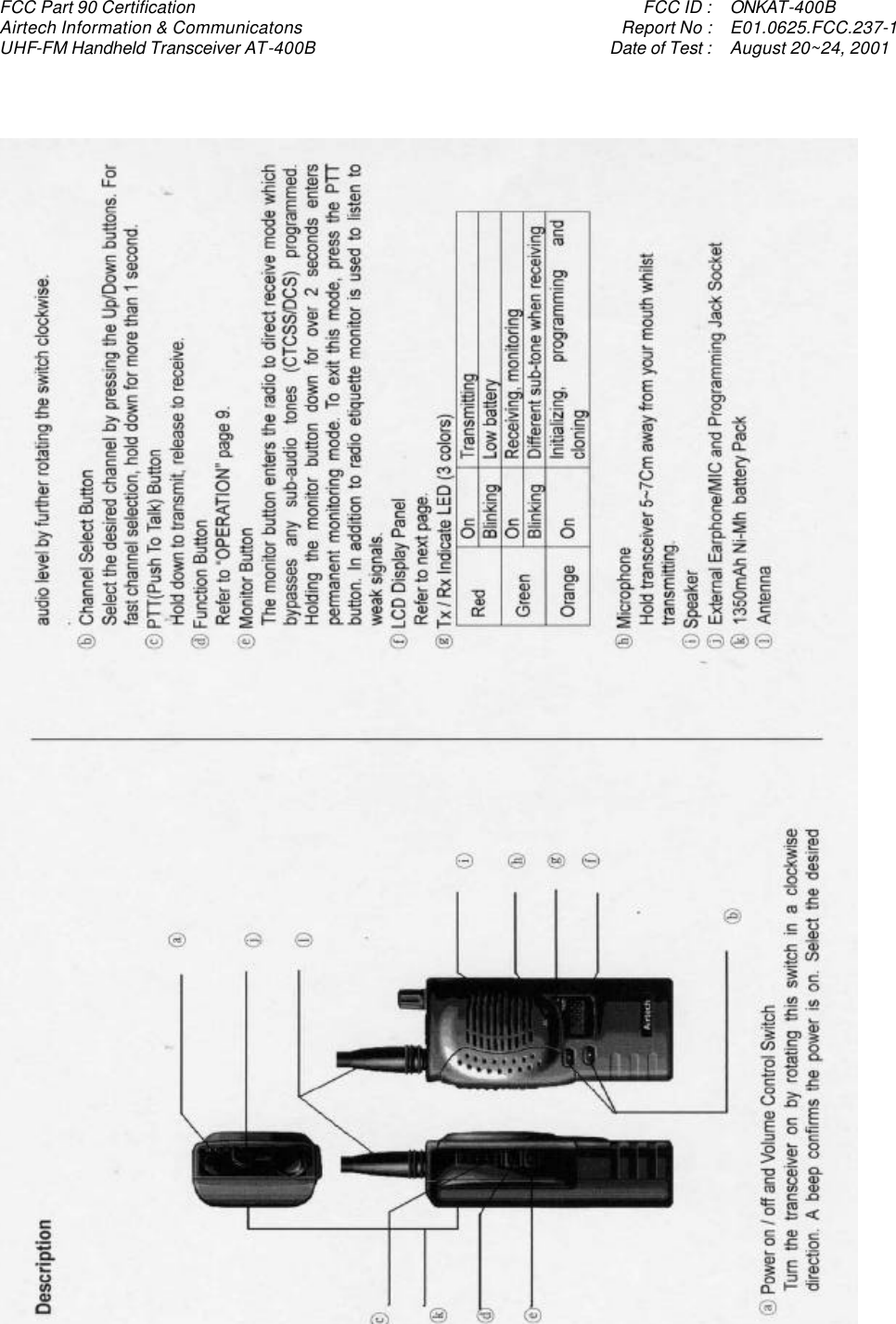 FCC Part 90 Certification    FCC ID : ONKAT-400B Airtech Information &amp; Communicatons    Report No : E01.0625.FCC.237-1 UHF-FM Handheld Transceiver AT-400B    Date of Test : August 20~24, 2001      