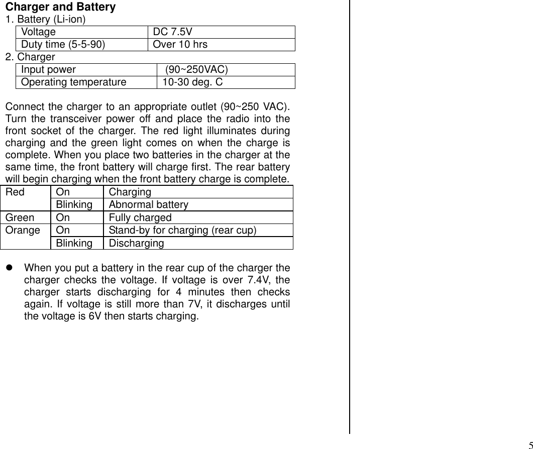 Charger and Battery 1. Battery (Li-ion) Voltage DC 7.5V Duty time (5-5-90)  Over 10 hrs 2. Charger Input power   (90~250VAC) Operating temperature  10-30 deg. C  Connect the charger to an appropriate outlet (90~250 VAC). Turn the transceiver power off and place the radio into the front socket of the charger. The red light illuminates during charging and the green light comes on when the charge is complete. When you place two batteries in the charger at the same time, the front battery will charge first. The rear battery will begin charging when the front battery charge is complete. On Charging Red  Blinking Abnormal battery Green On  Fully charged On  Stand-by for charging (rear cup) Orange  Blinking Discharging   When you put a battery in the rear cup of the charger the charger checks the voltage. If voltage is over 7.4V, the charger starts discharging for 4 minutes then checks again. If voltage is still more than 7V, it discharges until the voltage is 6V then starts charging.                                          5 