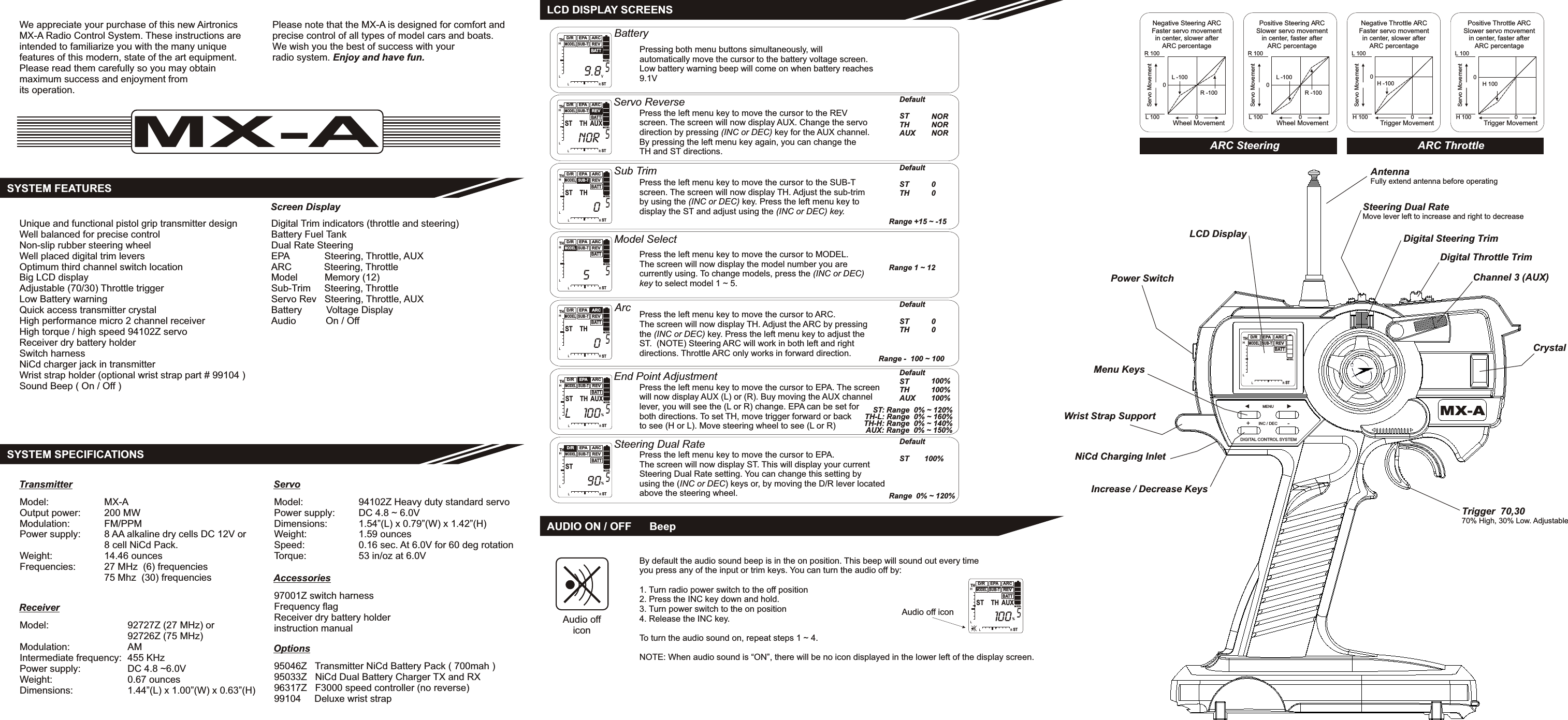 SYSTEM FEATURESMODELBATTREVARCSUB-TMODELEPAD/RTHHLL R STWe appreciate your purchase of this new AirtronicsMX-A Radio Control System. These instructions areintended to familiarize you with the many uniquefeatures of this modern, state of the art equipment.Please read them carefully so you may obtainmaximum success and enjoyment fromits operation.Please note that the MX-A is designed for comfort andprecise control of all types of model cars and boats.We wish you the best of success with yourradio system. Enjoy and have fun.MX-AUnique and functional pistol grip transmitter designWell balanced for precise controlNon-slip rubber steering wheelWell placed digital trim leversOptimum third channel switch locationBig LCD displayAdjustable (70/30) Throttle triggerLow Battery warningQuick access transmitter crystalHigh performance micro 2 channel receiverHigh torque / high speed 94102Z servoReceiver dry battery holderSwitch harnessNiCd charger jack in transmitterWrist strap holder (optional wrist strap part # 99104 )Sound Beep ( On / Off )Digital Trim indicators (throttle and steering)Battery Fuel TankDual Rate SteeringEPA             Steering, Throttle, AUXARC            Steering, ThrottleModel          Memory (12)Sub-Trim     Steering, ThrottleServo Rev   Steering, Throttle, AUXBattery         Voltage DisplayAudio           On / OffScreen DisplaySYSTEM SPECIFICATIONSModel:Output power:Modulation:Power supply:Weight:Frequencies:MX-A200 MWFM/PPM8 AA alkaline dry cells DC 12V or8 cell NiCd Pack.14.46 ounces27 MHz  (6) frequencies75 Mhz  (30) frequenciesTransmitterModel:Modulation:Intermediate frequency:Power supply:Weight:Dimensions:92727Z (27 MHz) or92726Z (75 MHz)AM455 KHzDC 4.8 ~6.0V0.67 ounces1.44”(L) x 1.00”(W) x 0.63”(H)Receiver Model:Power supply:Dimensions:Weight:Speed:Torque:94102Z Heavy duty standard servoDC 4.8 ~ 6.0V1.54”(L) x 0.79”(W) x 1.42”(H)1.59 ounces0.16 sec. At 6.0V for 60 deg rotation53 in/oz at 6.0VServo97001Z switch harnessFrequency flagReceiver dry battery holderinstruction manualAccessories95046Z   Transmitter NiCd Battery Pack ( 700mah )95033Z   NiCd Dual Battery Charger TX and RX96317Z   F3000 speed controller (no reverse)99104     Deluxe wrist strapOptionsMODELBATTREVARCSUB-TMODELEPAD/RTHHLL R ST59.8VMODELBATTREVARCSUB-TMODELEPAD/RTHHLL R STST TH AUX5NORBatteryServo ReverseMODELBATTREVARCSUB-TMODELEPAD/RTHHLL R STST TH50Sub TrimMODELBATTREVARCSUB-TMODELEPAD/RTHHLL R ST55MODELBATTREVARCSUB-TMODELEPAD/RTHHLL R STST TH50Model SelectArcMODELBATTREVARCSUB-TMODELEPAD/RTHHLL R STST5%90MODELBATTREVARCSUB-TMODELEPAD/RTHHLL R STST TH AUX5%100End Point AdjustmentMODELBATTREVARCSUB-TMODELEPAD/RTHHLL R STST TH AUX5%100LSteering Dual RateLCD DISPLAY SCREENSPressing both menu buttons simultaneously, willautomatically move the cursor to the battery voltage screen.Low battery warning beep will come on when battery reaches9.1VPress the left menu key to move the cursor to the REVscreen. The screen will now display AUX. Change the servodirection by pressing (INC or DEC) key for the AUX channel.By pressing the left menu key again, you can change theTH and ST directions.Press the left menu key to move the cursor to the SUB-Tscreen. The screen will now display TH. Adjust the sub-trimby using the (INC or DEC) key. Press the left menu key todisplay the ST and adjust using the (INC or DEC) key.Press the left menu key to move the cursor to MODEL.The screen will now display the model number you arecurrently using. To change models, press the (INC or DEC)key to select model 1 ~ 5.Press the left menu key to move the cursor to ARC.The screen will now display TH. Adjust the ARC by pressingthe (INC or DEC) key. Press the left menu key to adjust theST.  (NOTE) Steering ARC will work in both left and rightdirections. Throttle ARC only works in forward direction.Press the left menu key to move the cursor to EPA. The screenwill now display AUX (L) or (R). Buy moving the AUX channellever, you will see the (L or R) change. EPA can be set forboth directions. To set TH, move trigger forward or backto see (H or L). Move steering wheel to see (L or R)Press the left menu key to move the cursor to EPA.The screen will now display ST. This will display your currentSteering Dual Rate setting. You can change this setting byusing the (INC or DEC) keys or, by moving the D/R lever locatedabove the steering wheel.DefaultSTTHAUXNORNORNORDefaultSTTH00DefaultSTTH00DefaultSTTHAUX100%100%100%DefaultST 100%Range  0% ~ 120%ST: Range  0% ~ 120%Range -  100 ~ 100Range 1 ~ 12Range +15 ~ -15AUDIO ON / OFF      BeepBy default the audio sound beep is in the on position. This beep will sound out every timeyou press any of the input or trim keys. You can turn the audio off by:1. Turn radio power switch to the off position2. Press the INC key down and hold.3. Turn power switch to the on position4. Release the INC key.To turn the audio sound on, repeat steps 1 ~ 4.NOTE: When audio sound is “ON”, there will be no icon displayed in the lower left of the display screen.Audio officonAudio off icon0R 100L 100Servo MovementNegative Steering ARCFaster servo movementin center, slower afterARC percentageWheel Movement0R -100L -1000R 100L 100Servo MovementWheel Movement0Positive Steering ARCSlower servo movementin center, faster afterARC percentageR -100L -100 0L 100H 100Servo MovementNegative Throttle ARCFaster servo movementin center, slower afterARC percentageTrigger Movement0H -1000L 100H 100Servo MovementTrigger MovementPositive Throttle ARCSlower servo movementin center, faster afterARC percentageH 1000AntennaFully extend antenna before operatingSteering Dual RateMove lever left to increase and right to decreaseDigital Steering TrimDigital Throttle TrimChannel 3 (AUX)CrystalPower SwitchLCD DisplayWrist Strap SupportNiCd Charging InletMenu KeysIncrease / Decrease KeysTrigger  70,3070% High, 30% Low. AdjustableARC Steering ARC ThrottleMX-ADIGITAL CONTROL SYSTEM+-INC / DECMENUTH-L: Range  0% ~ 160%AUX: Range  0% ~ 150%TH-H: Range  0% ~ 140%