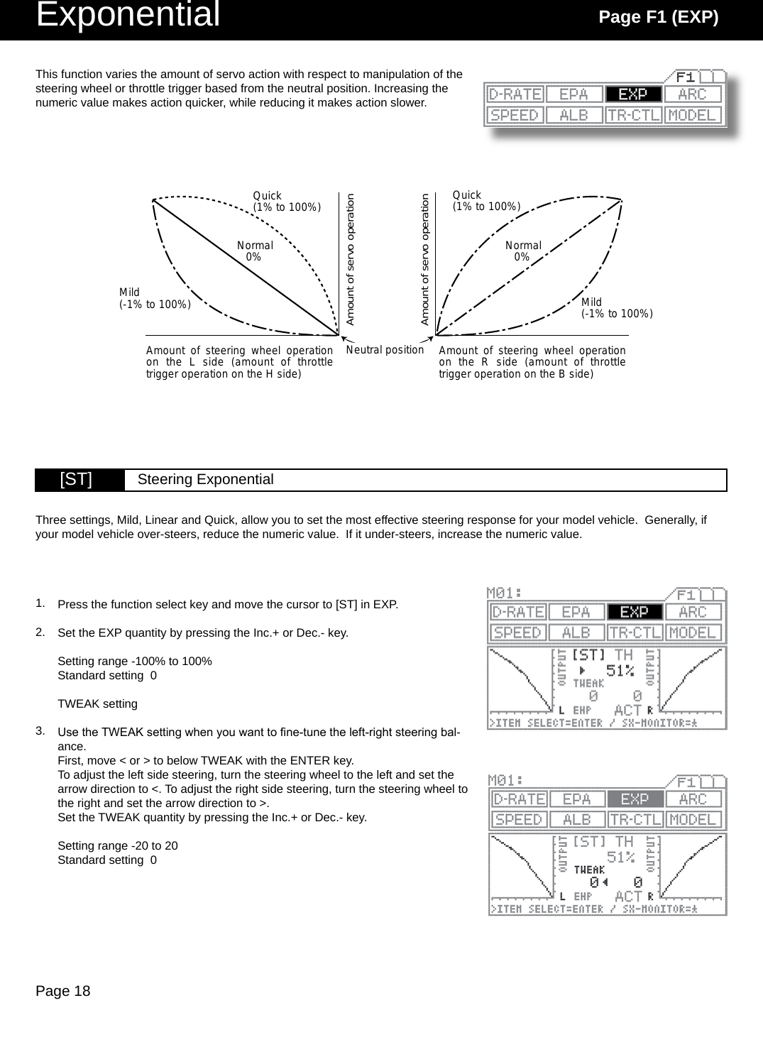 Page 18Exponential Page F1 (EXP)[ST] Steering ExponentialQuick(1% to 100%) Quick(1% to 100%)Mild(-1% to 100%) Mild(-1% to 100%)Normal0% Normal0%Neutral positionAmount of servo operationAmount of servo operationAmount  of  steering  wheel  operation on  the  L  side  (amount  of  throttle trigger operation on the H side)Amount  of  steering  wheel  operation on  the  R  side  (amount  of  throttle trigger operation on the B side)1.3.2.This function varies the amount of servo action with respect to manipulation of the steering wheel or throttle trigger based from the neutral position. Increasing the numeric value makes action quicker, while reducing it makes action slower.Press the function select key and move the cursor to [ST] in EXP.Set the EXP quantity by pressing the Inc.+ or Dec.- key.Setting range -100% to 100%Standard setting  0TWEAK settingUse the TWEAK setting when you want to ne-tune the left-right steering bal-ance.First, move &lt; or &gt; to below TWEAK with the ENTER key.To adjust the left side steering, turn the steering wheel to the left and set the arrow direction to &lt;. To adjust the right side steering, turn the steering wheel to the right and set the arrow direction to &gt;.Set the TWEAK quantity by pressing the Inc.+ or Dec.- key.Setting range -20 to 20Standard setting  0Three settings, Mild, Linear and Quick, allow you to set the most effective steering response for your model vehicle.  Generally, if your model vehicle over-steers, reduce the numeric value.  If it under-steers, increase the numeric value.