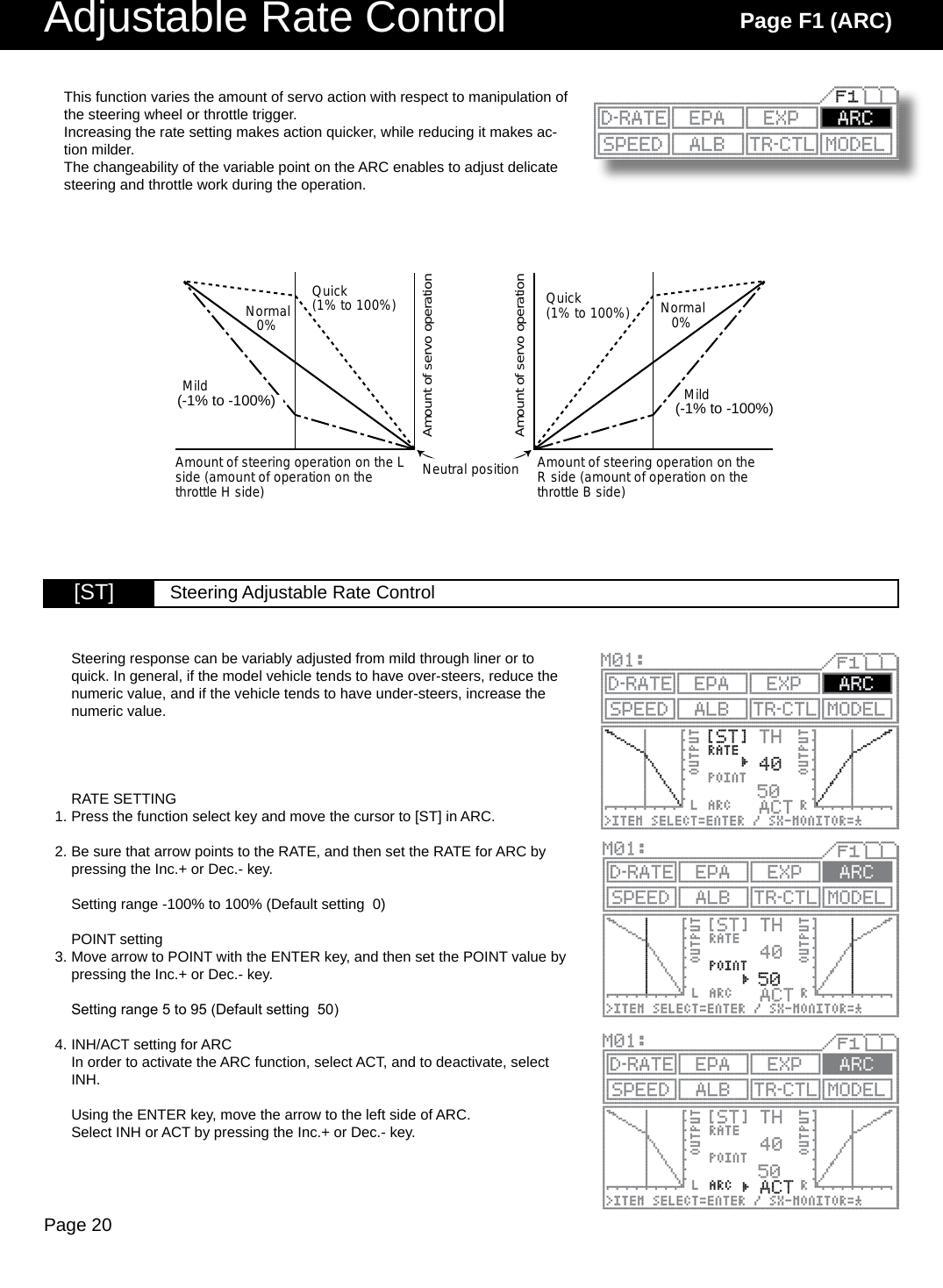 Page 20Adjustable Rate Control Page F1 (ARC)[ST] Steering Adjustable Rate ControlQuick(1% to 100%) Quick(1% to 100%)Mild(-1% to 100%) Mild(-1% to 100%)Normal0% Normal0%Neutral positionAmount of servo operationAmount of servo operationAmount of steering operation on the L side (amount of operation on the throttle H side)Amount of steering operation on the R side (amount of operation on the throttle B side)This function varies the amount of servo action with respect to manipulation of the steering wheel or throttle trigger.Increasing the rate setting makes action quicker, while reducing it makes ac-tion milder.The changeability of the variable point on the ARC enables to adjust delicate steering and throttle work during the operation. (-1% to -100%) (-1% to -100%)Steering response can be variably adjusted from mild through liner or to quick. In general, if the model vehicle tends to have over-steers, reduce the numeric value, and if the vehicle tends to have under-steers, increase the numeric value.RATE SETTINGPress the function select key and move the cursor to [ST] in ARC.Be sure that arrow points to the RATE, and then set the RATE for ARC by pressing the Inc.+ or Dec.- key.Setting range -100% to 100% (Default setting  0)POINT settingMove arrow to POINT with the ENTER key, and then set the POINT value by pressing the Inc.+ or Dec.- key.Setting range 5 to 95 (Default setting  50)INH/ACT setting for ARCIn order to activate the ARC function, select ACT, and to deactivate, select INH.Using the ENTER key, move the arrow to the left side of ARC.Select INH or ACT by pressing the Inc.+ or Dec.- key.1.2.3.4.