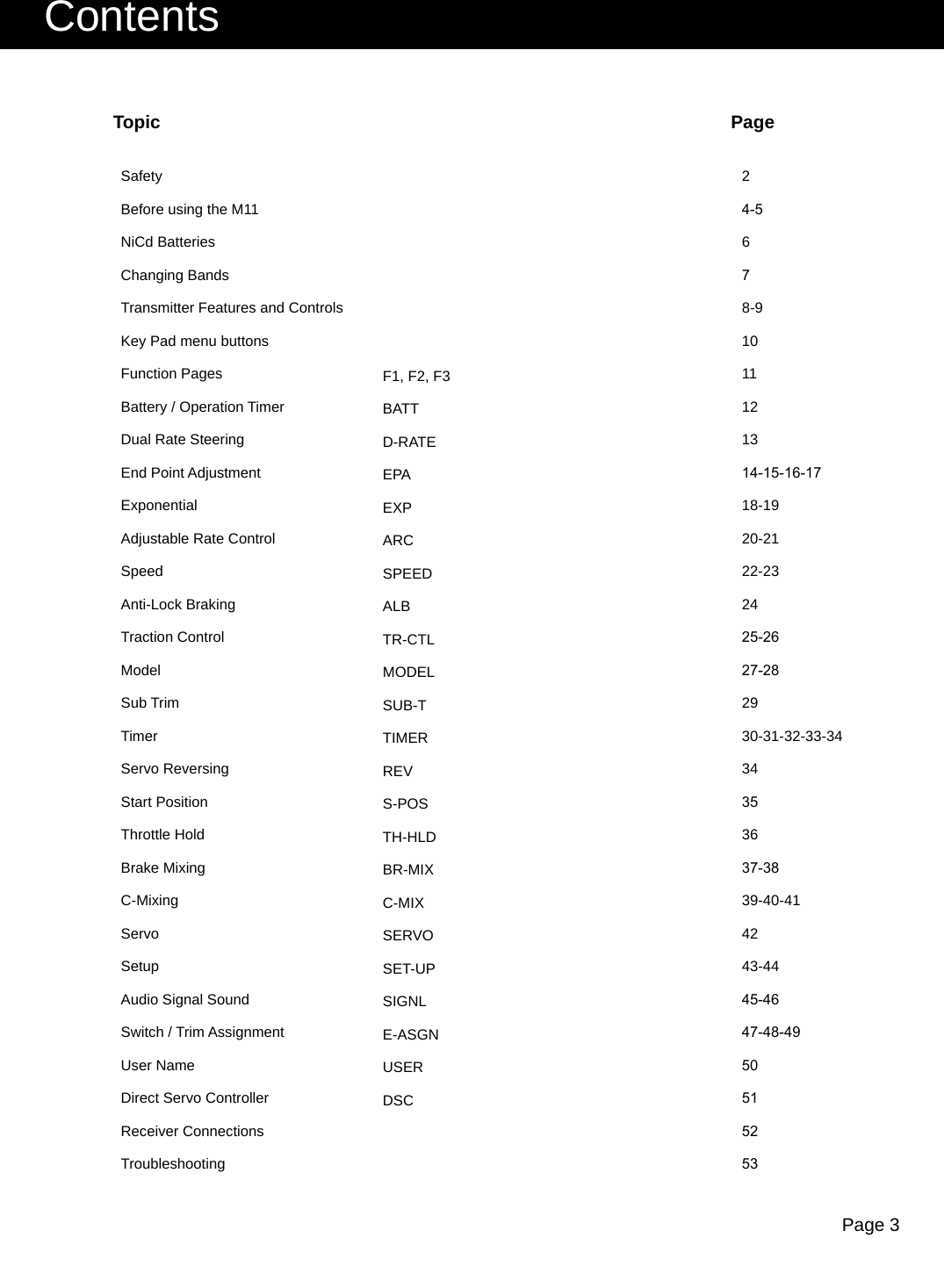 Page 3ContentsSafetyBefore using the M11NiCd BatteriesChanging BandsTransmitter Features and ControlsKey Pad menu buttonsFunction PagesBattery / Operation TimerDual Rate SteeringEnd Point AdjustmentExponentialAdjustable Rate ControlSpeedAnti-Lock BrakingTraction ControlModelSub TrimTimerServo ReversingStart PositionThrottle HoldBrake MixingC-MixingServoSetupAudio Signal SoundSwitch / Trim AssignmentUser NameDirect Servo ControllerReceiver ConnectionsTroubleshootingF1, F2, F3BATTD-RATEEPAEXPARCSPEEDALBTR-CTLMODELSUB-TTIMERREVS-POSTH-HLDBR-MIXC-MIXSERVOSET-UPSIGNLE-ASGNUSERDSC24-5678-91011121314-15-16-1718-1920-2122-232425-2627-282930-31-32-33-3434353637-3839-40-414243-4445-4647-48-4950515253Topic Page