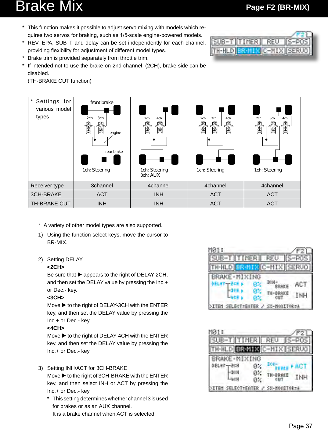 Page 37Brake Mix Page F2 (BR-MIX)*  This function makes it possible to adjust servo mixing with models which re-quires two servos for braking, such as 1/5-scale engine-powered models.*  REV, EPA, SUB-T, and delay can be set independently for each channel, providing exibility for adjustment of different model types.*  Brake trim is provided separately from throttle trim.*  If intended not to use the brake on 2nd channel, (2CH), brake side can be disabled.  (TH-BRAKE CUT function)*  Settings  for various  model types1ch: Steeringrear brakefront brakeengine2ch 3ch1ch: Steering3ch: AUX2ch 4ch1ch: Steering2ch 3ch 4ch1ch: Steering2ch 3ch 4chReceiver type 3channel 4channel 4channel 4channel3CH-BRAKE ACT INH ACT ACTTH-BRAKE CUT INH INH ACT ACT*  A variety of other model types are also supported.1)  Using the function select keys, move the cursor to BR-MIX.2)  Setting DELAY&lt;2CH&gt;Be sure that u appears to the right of DELAY-2CH, and then set the DELAY value by pressing the Inc.+ or Dec.- key.&lt;3CH&gt;Move u to the right of DELAY-3CH with the ENTER key, and then set the DELAY value by pressing the Inc.+ or Dec.- key.&lt;4CH&gt;Move u to the right of DELAY-4CH with the ENTER key, and then set the DELAY value by pressing the Inc.+ or Dec.- key.3)  Setting INH/ACT for 3CH-BRAKEMove u to the right of 3CH-BRAKE with the ENTER key, and then select INH or ACT by pressing the Inc.+ or Dec.- key.*  This setting determines whether channel 3 is used for brakes or as an AUX channel.  It is a brake channel when ACT is selected.