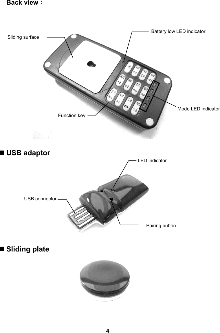 Back view：                                                         USB adaptor                Sliding plate      4LED indicator Pairing button USB connector Sliding surface Function key Battery low LED indicator Mode LED indicator 