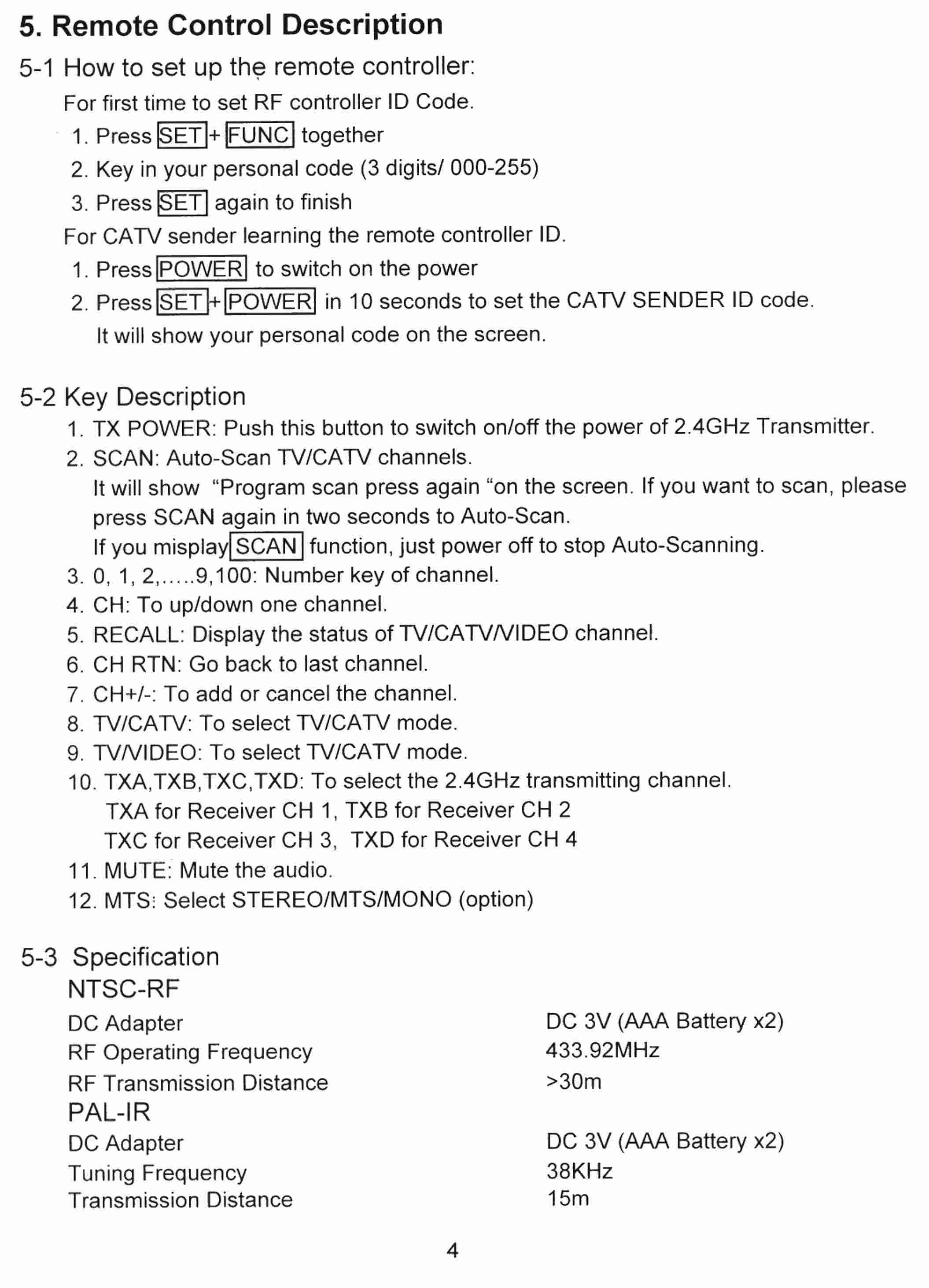 CATV Remote Control User Manual