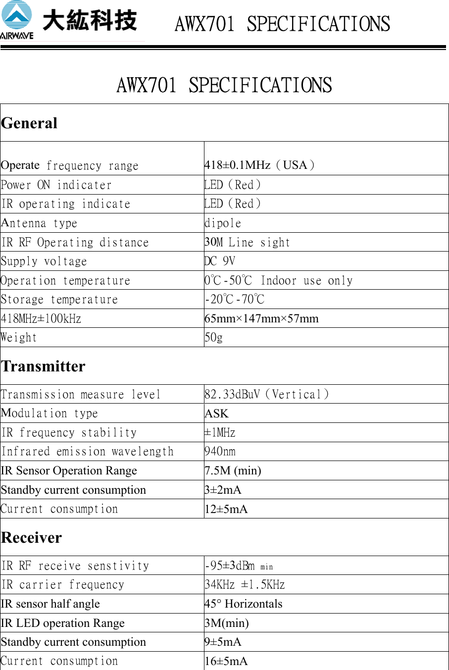    AWX701 SPECIFICATIONS General Operate frequency range 418&plusmn;0.1MHz（USA） Power ON indicater  LED（Red） IR operating indicate  LED（Red） Antenna type dipole IR RF Operating distance  30M Line sight Supply voltage  DC 9V Operation temperature  0℃-50℃ Indoor use only Storage temperature  -20℃-70℃ 418MHz&plusmn;100kHz  65mm&times;147mm&times;57mm Weight  50g Transmitter Transmission measure level  82.33dBuV（Vertical） Modulation type ASK IR frequency stability  &plusmn;1MHz Infrared emission wavelength  940nm IR Sensor Operation Range  7.5M (min) Standby current consumption  3&plusmn;2mA Current consumption  12&plusmn;5mA Receiver IR RF receive senstivity  -95&plusmn;3dBm min IR carrier frequency  34KHz &plusmn;1.5KHz IR sensor half angle  45&deg; Horizontals IR LED operation Range    3M(min) Standby current consumption  9&plusmn;5mA Current consumption  16&plusmn;5mA  AWX701 SPECIFICATIONS 