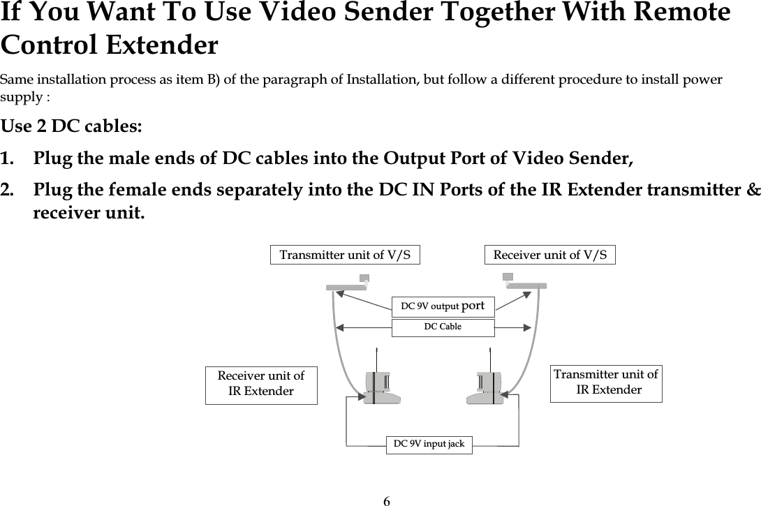 If You Want To Use Video Sender Together With Remote Control Extender Same installation process as item B) of the paragraph of Installation, but follow a different procedure to install power supply : Use 2 DC cables: 1.  Plug the male ends of DC cables into the Output Port of Video Sender, 2.  Plug the female ends separately into the DC IN Ports of the IR Extender transmitter &amp; receiver unit. Transmitter unit of V/S  Receiver unit of V/S Receiver unit of   IR Extender Transmitter unit of  IR Extender DC 9V output portDC Cable DC 9V input jack 6