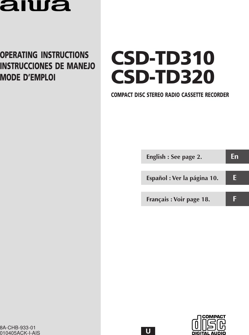 Page 1 of 10 - Aiwa Aiwa-Csd-Td310-Users-Manual-  Aiwa-csd-td310-users-manual