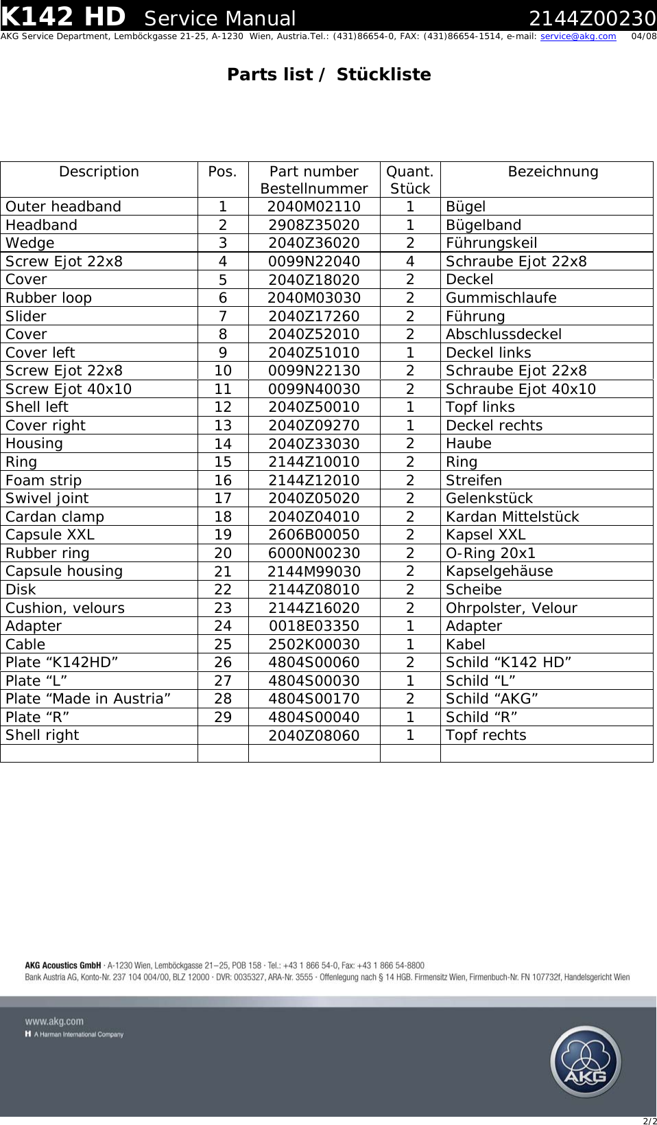 Page 2 of 2 - Akg-Acoustics Akg-Acoustics-K142Hd-Users-Manual- Serviceinfo K142 HD  Akg-acoustics-k142hd-users-manual