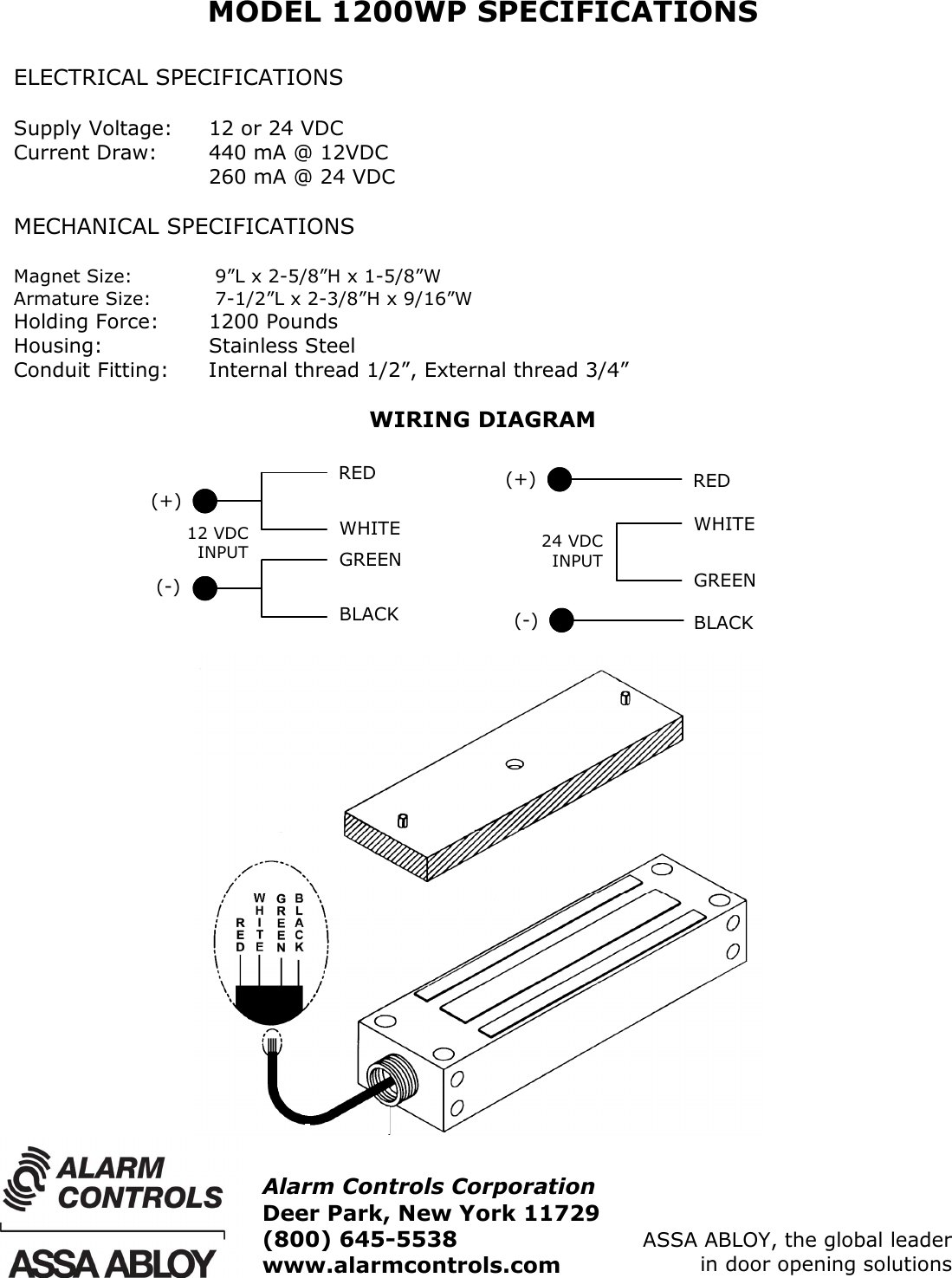 Page 1 of 2 - Alarm Controls 1200WP CUTSHEET Installation Instructions