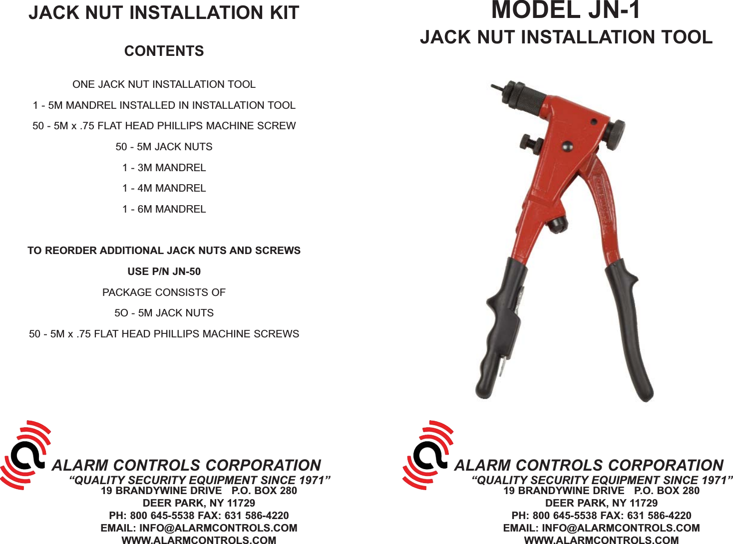 Page 1 of 2 - Alarm Controls JN-1 CUTSHEET Jack Nut Installation Kit