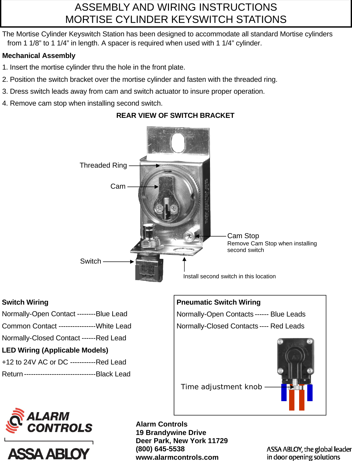 Page 1 of 1 - Alarm Controls MORTISE CYLINDER KEYSWITCH STATIONS CUTSHEET Assembly And Wiring Instructions Key Switch