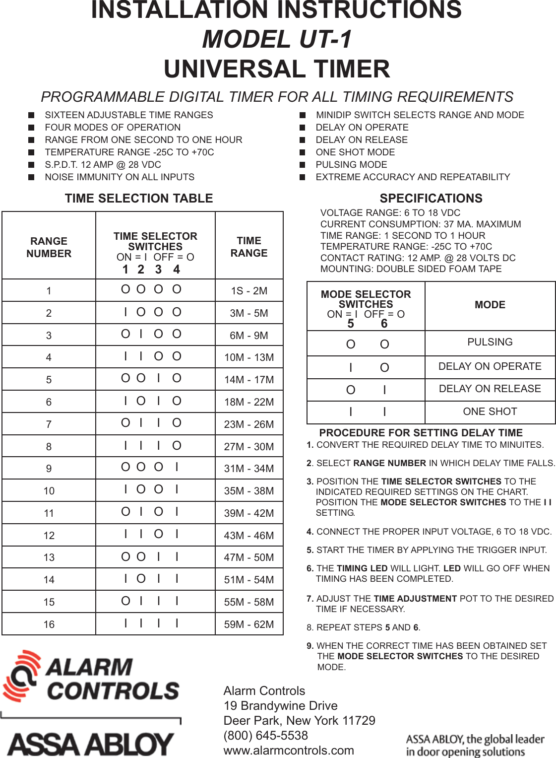 Page 1 of 2 - Alarm Controls UT-1 Instructions Universal Timer Installation