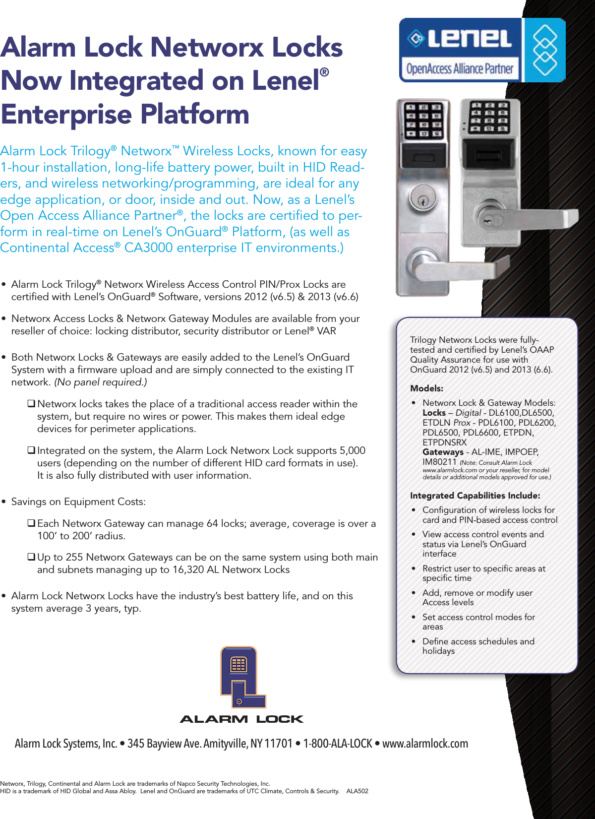 Page 1 of 1 - Alarm Lock  ALA502 Networx Locks Integrated On Lenel Sell Sheet AL-Lenel-Spec