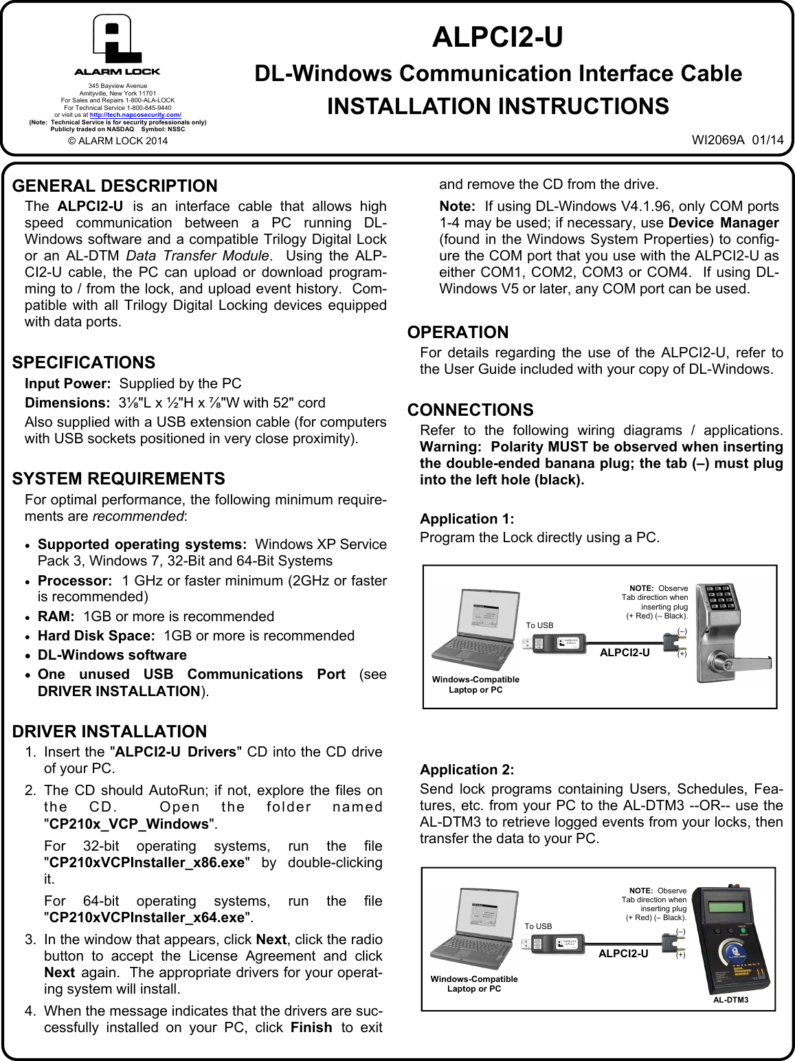 Page 1 of 2 - Alarm Lock AL-PCI-USB_WI2069A.01_INST ALPCI2-U Communication Interface Cable For DL-Windows Installation Instructions WI2069A.01 INST