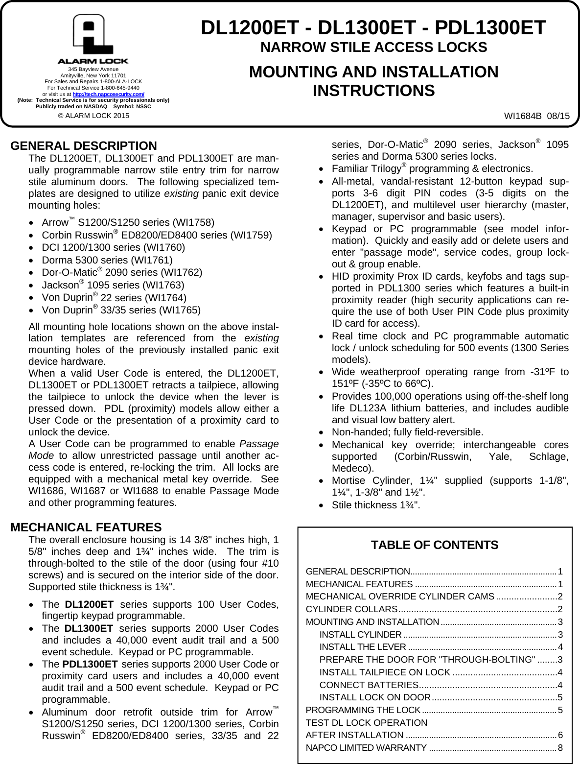 Page 1 of 8 - Alarm Lock DL1200ET-DL1300ET-PDL1300ET_WI1684B.05_INST DL1200ET, DL1300ET, PDL1300ET Installation Instructions DL1200ET-DL1300ET-PDL1300ET WI1684B.05 INST