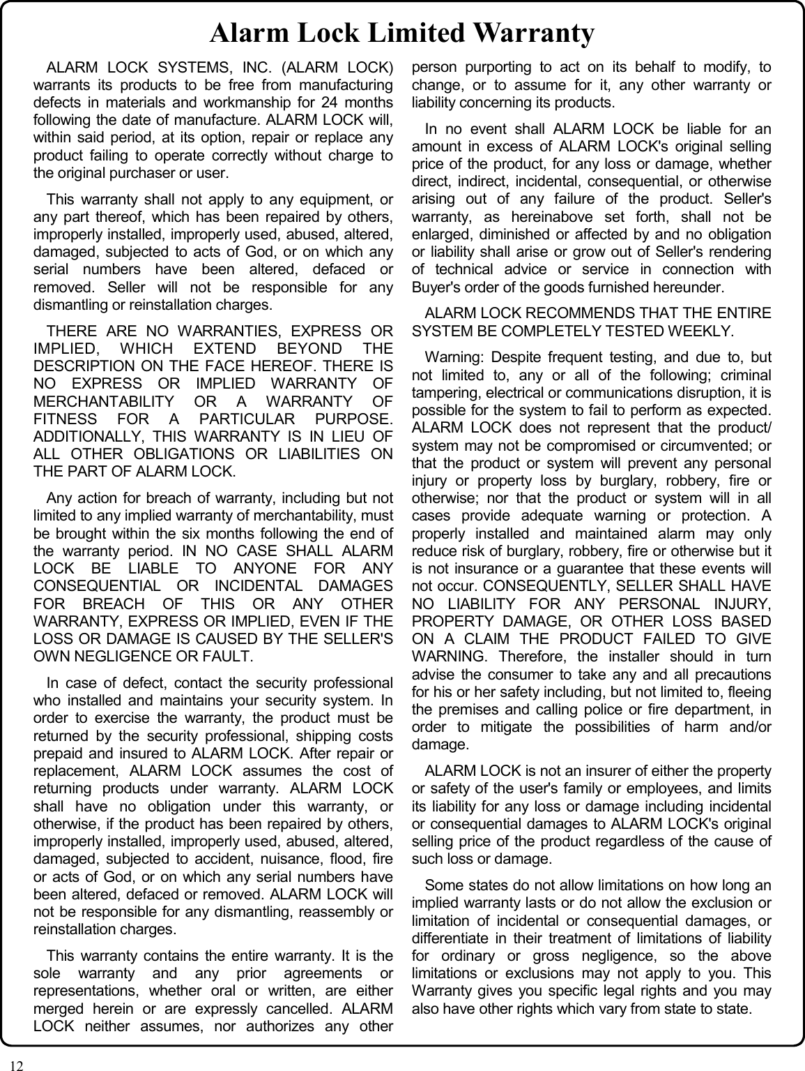 Page 12 of 12 - Alarm Lock DL1200_Narrow_OI310B.02_PROG DL1200 Narrow Stile Programming Instructions OI310B.02 PROG